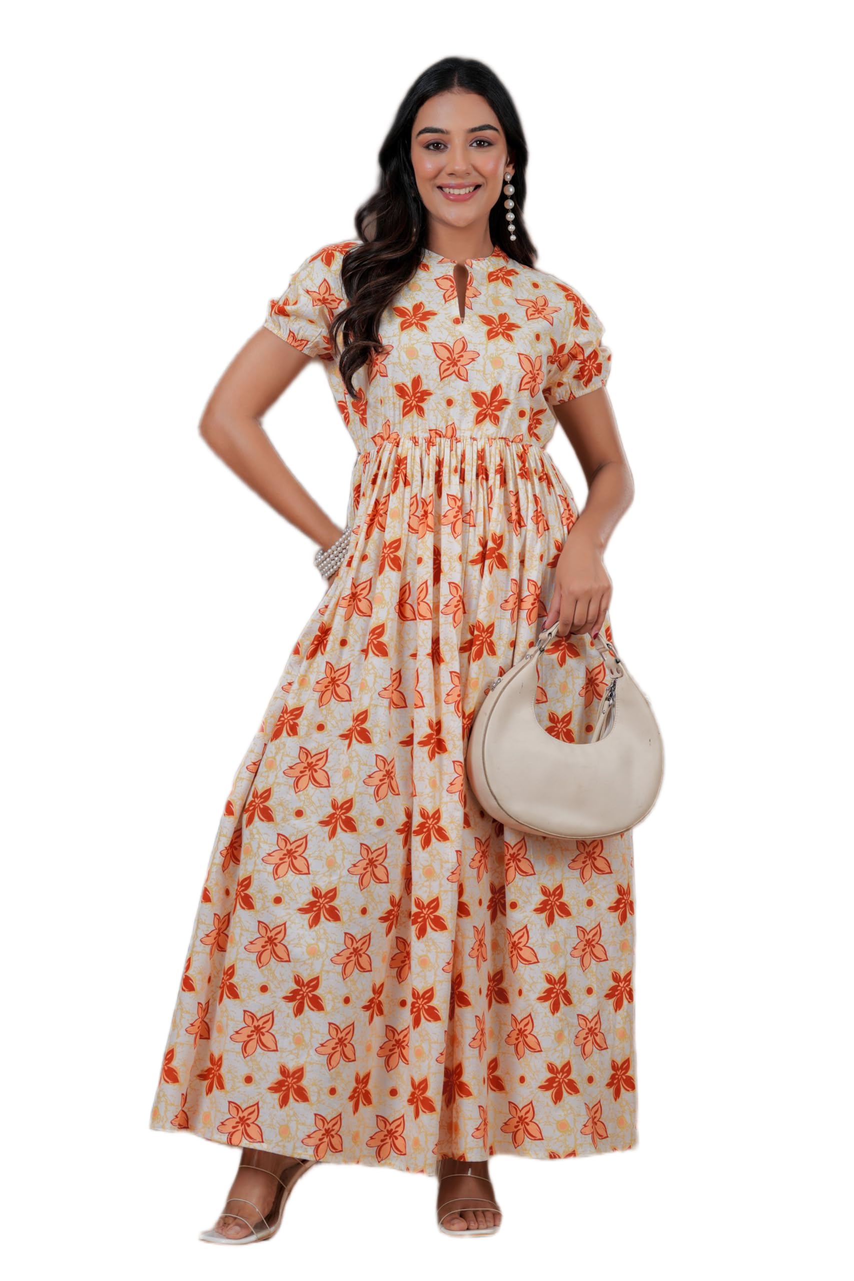 Women Fit and Flare Floral Print Long Dress | Elegant Cotton A Line Outfit for Festive Occasions and Parties | Comfortable Dress in Orange Size S-picture-39