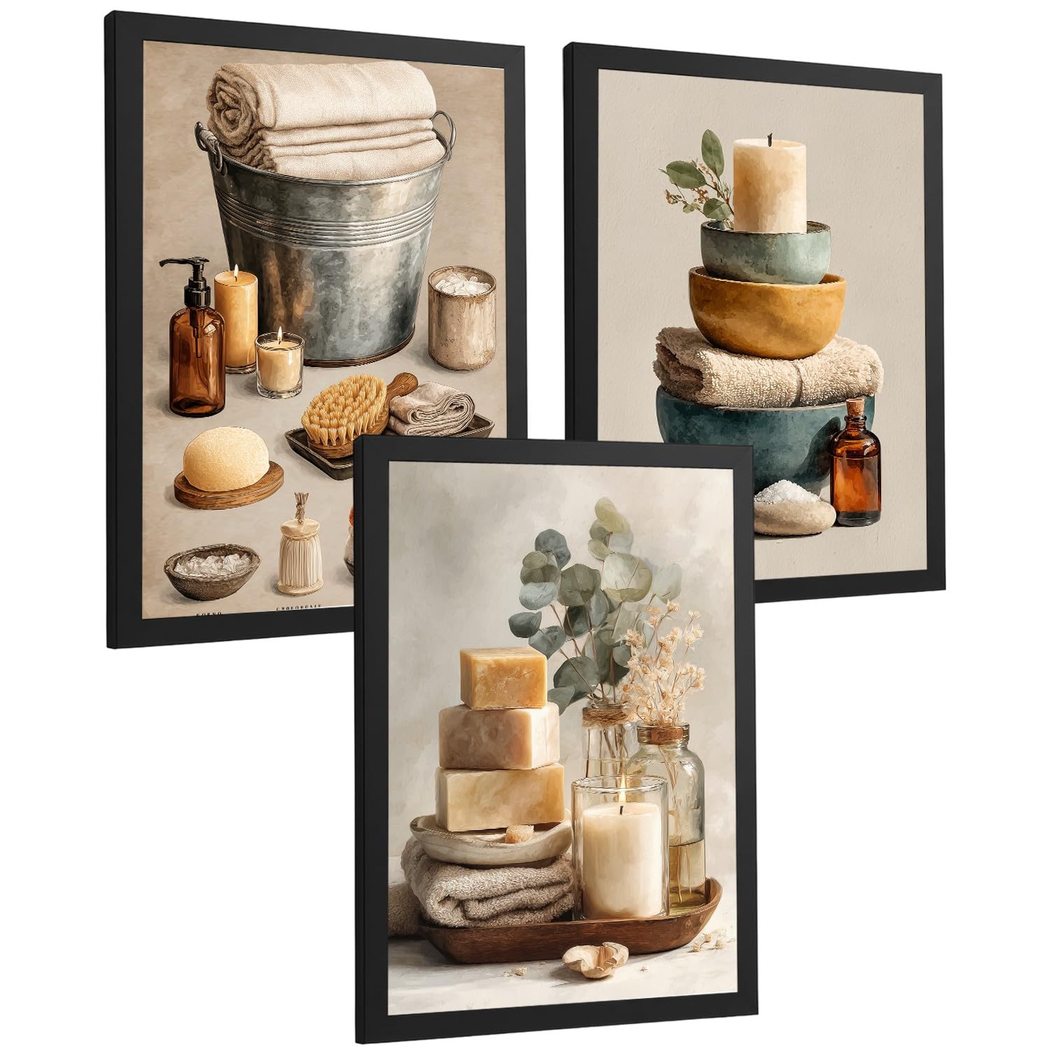 Nacnic Set De 3 Laminas Decorativas Para Baño Cuadros Y Poster Para Pared De Lavabo Ducha Wc Y Aseo Con Velas Jabones Y Toallas Estilo Natural Moderno A3 Marco Negro