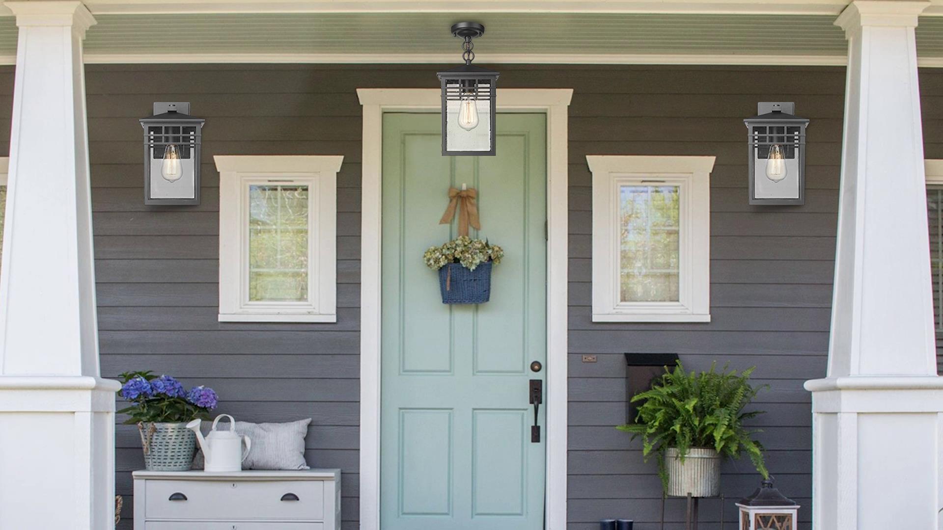 Image of Outdoor Light Fixture Wall Mount, Modern Farmhouse Exterior Wall Sconce with Seeded Glass for Porch, Waterproof Industrial Craftsman Carriage Lantern Lamp Outside for House Patio Yard Garage