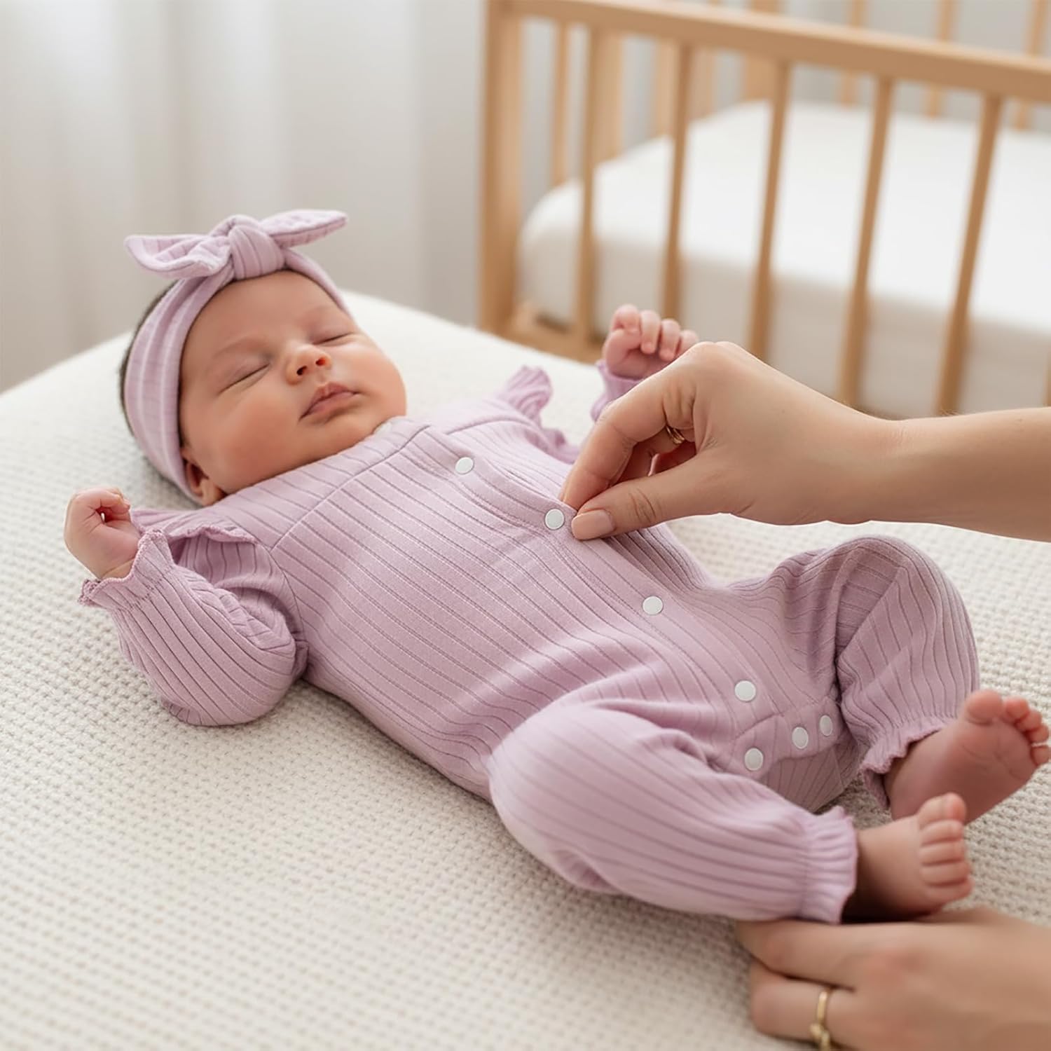 Newborn Baby Girl Fall Winter Romper Long Sleeves Ribbed One-Piece Outfits with Headband Coming Home Jumpsuit - Image 3