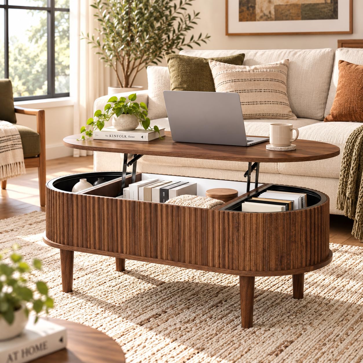 39" Oval Lift Top Coffee Table with Storage, Fluted Coffee Table, Walnut