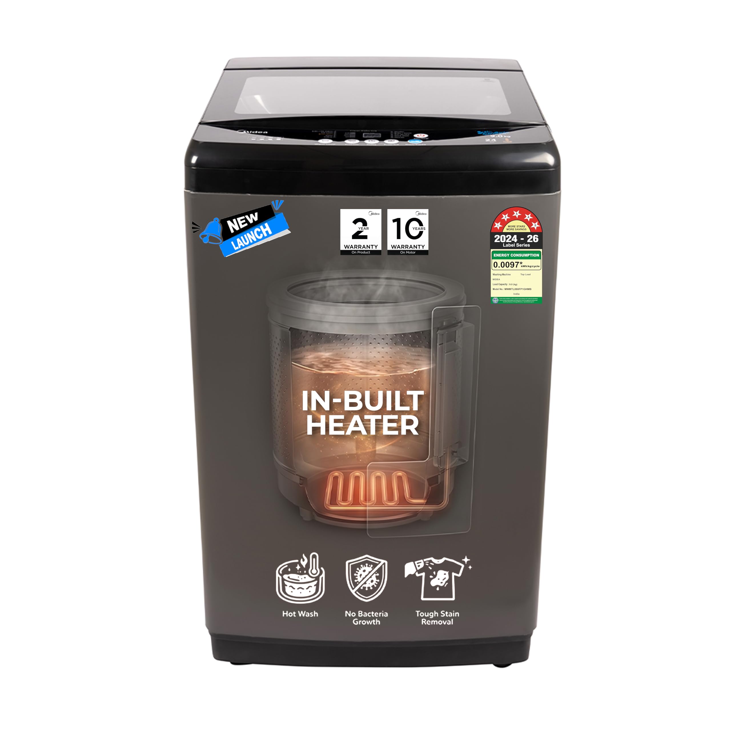Midea 9 Kg 5 Star, Self Clean Drum Technology, Fully Automatic Top Load Washing Machine with Inbuilt Heater, 10 Wash Programs (MWMTL090FP1GHMB, Metal Body Mid Black)