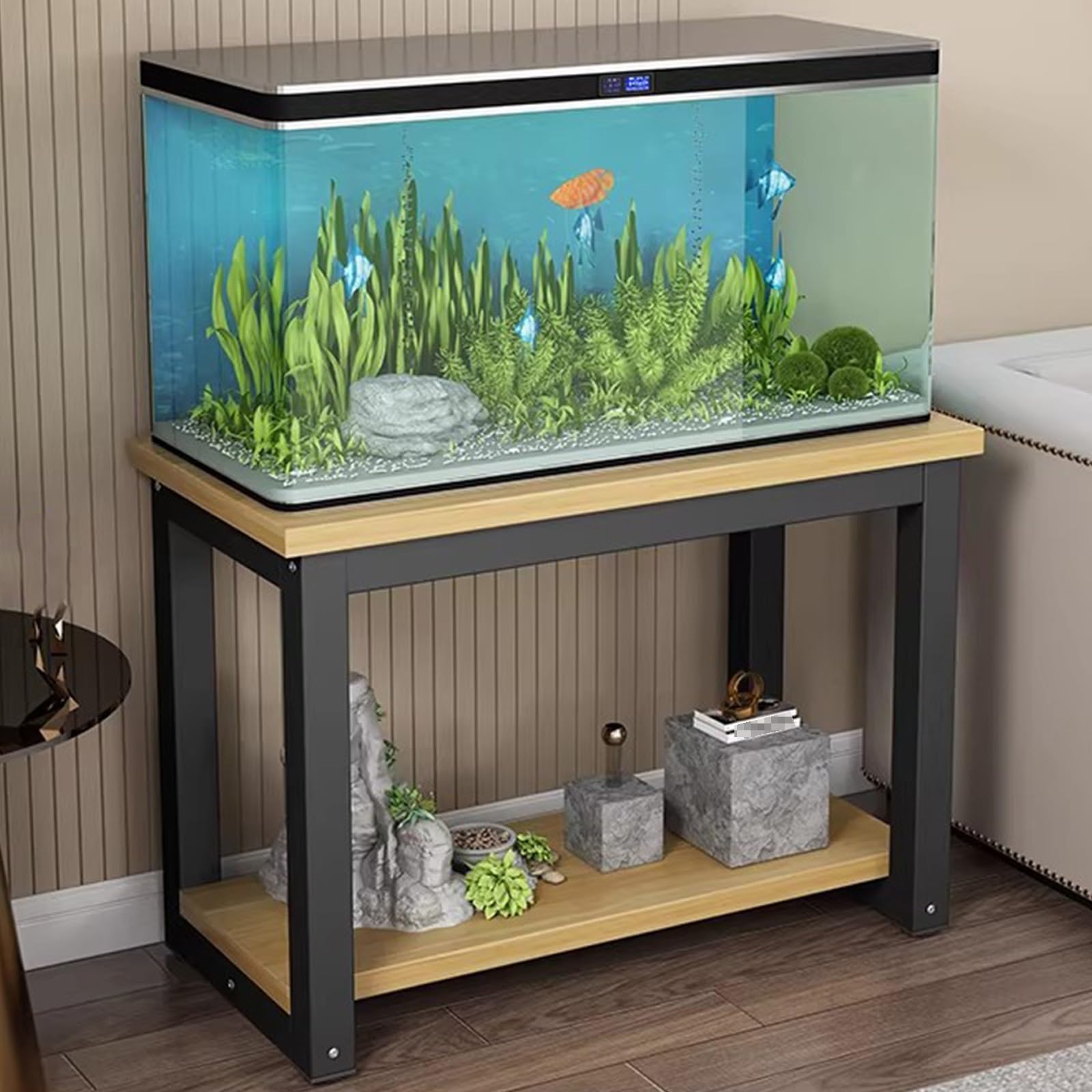 Stojak do akwarium, szafka akwariowa z miejscem do przechowywania, 2-poziomowe wielofunkcyjne uchwyty do terrarium, metalowa konstrukcja, do salonu (czarny + naturalny, 50 x 35 x 50 cm)
