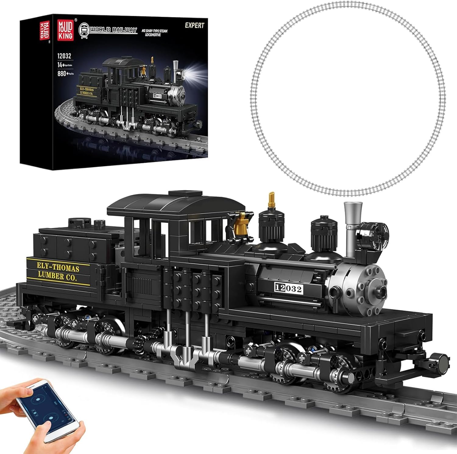 Mould King 12032 Technology App Remote Control Shape Team Locomotive Railway Train Lighting Building Blocks Set LED Light Modular 880 Pieces Technology Clamp Block Kit Kit