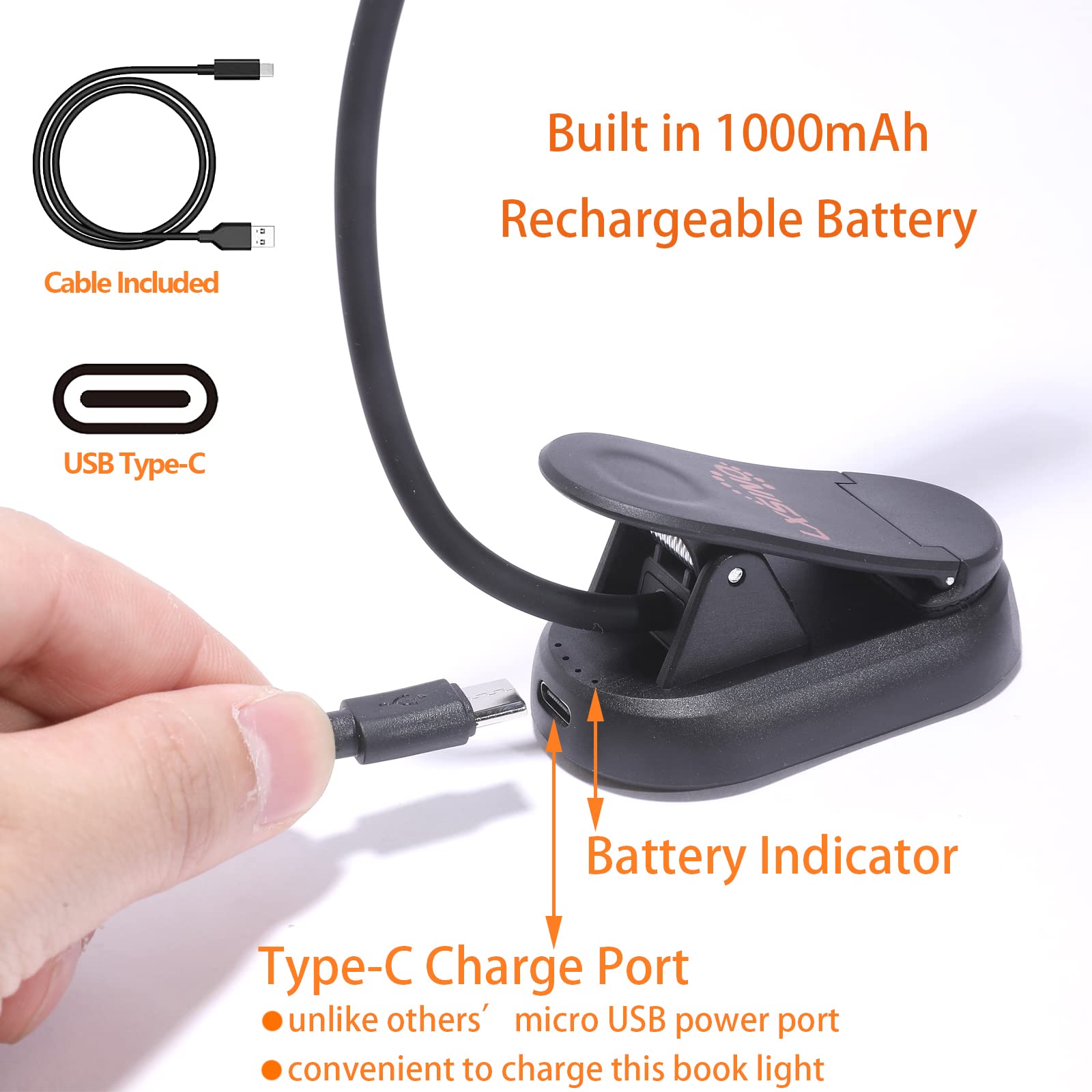 Lampe de lecture rechargeable,Ambre (1600 K) et blanc (6500 K), 3 températures de couleur et 3 niveaux de luminosité,Batterie 1000 mAh jusqu'à 30 heures