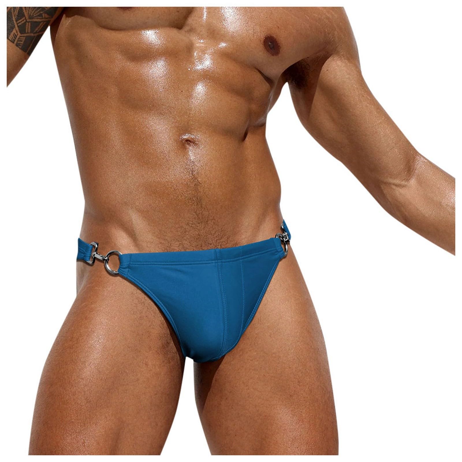 Mens Swim Briefs Low Rise Sexy Tong Swimsuit Fashion Bikini Swimwear with Side Metal Buckle Blue Large
