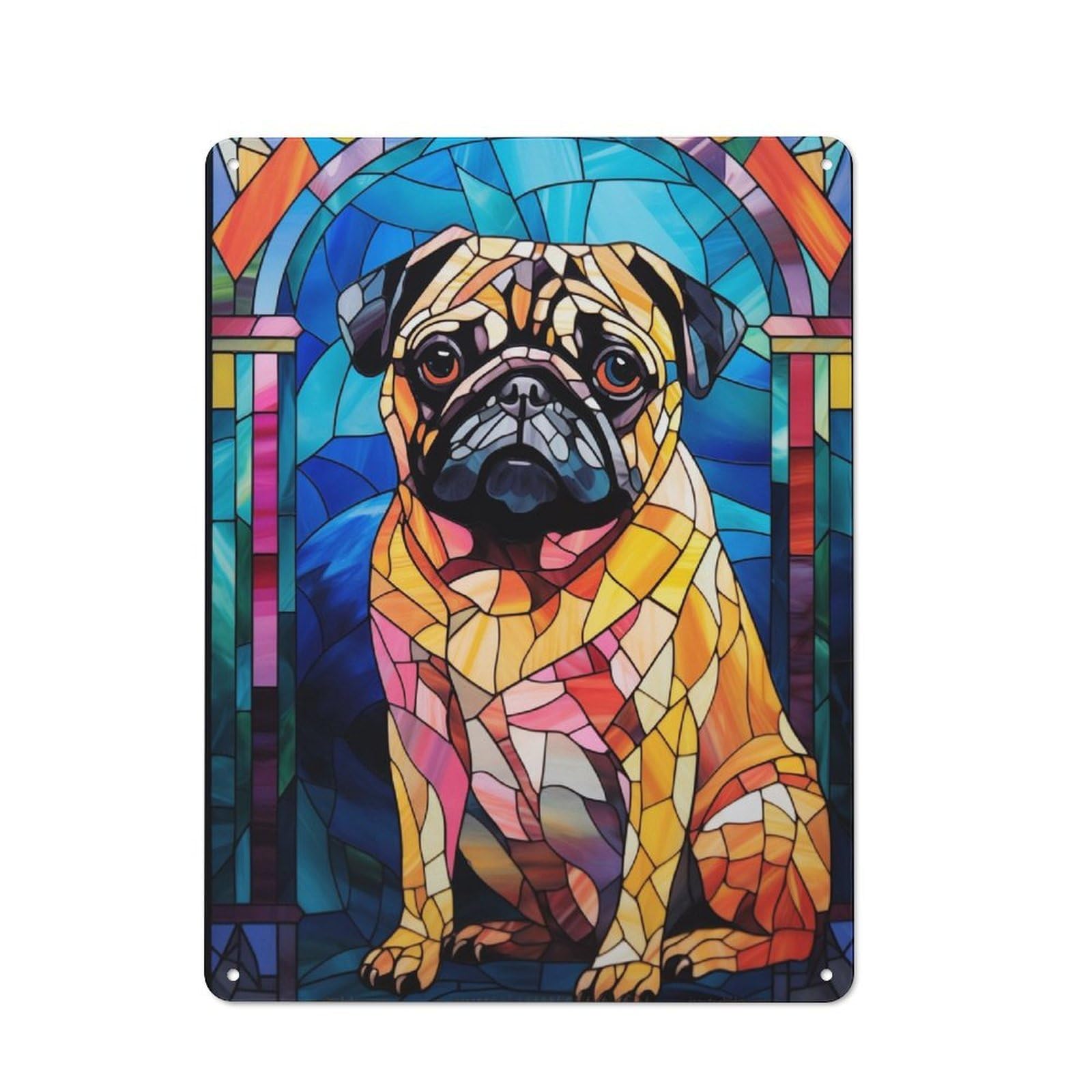 Junmoney Pug Stained Glass Rustic Metal Sign 40X30cm, Country Vintage Country Wall Plaque For Cottage, Kitchen, Hallway Or Breakfast Nook