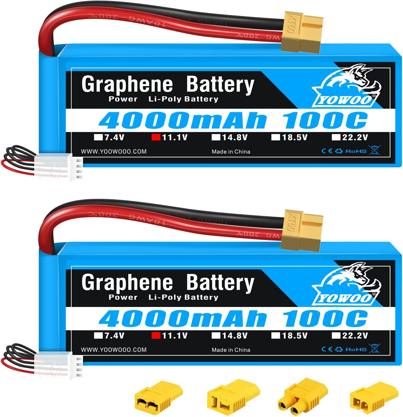 Youme - 2x Batterie Lipo 3S 11,1V 3300mAh 50C - Fiche Deans T - Pour RC Voiture, Drone, Avion - Softcase