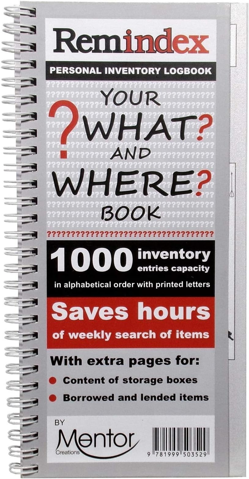 REMINDEX Personal Inventory Storage Organizer logbook - Your What and Where Reference Book Plus Extra Pages for Boxes Content + Borrowed and lended Items