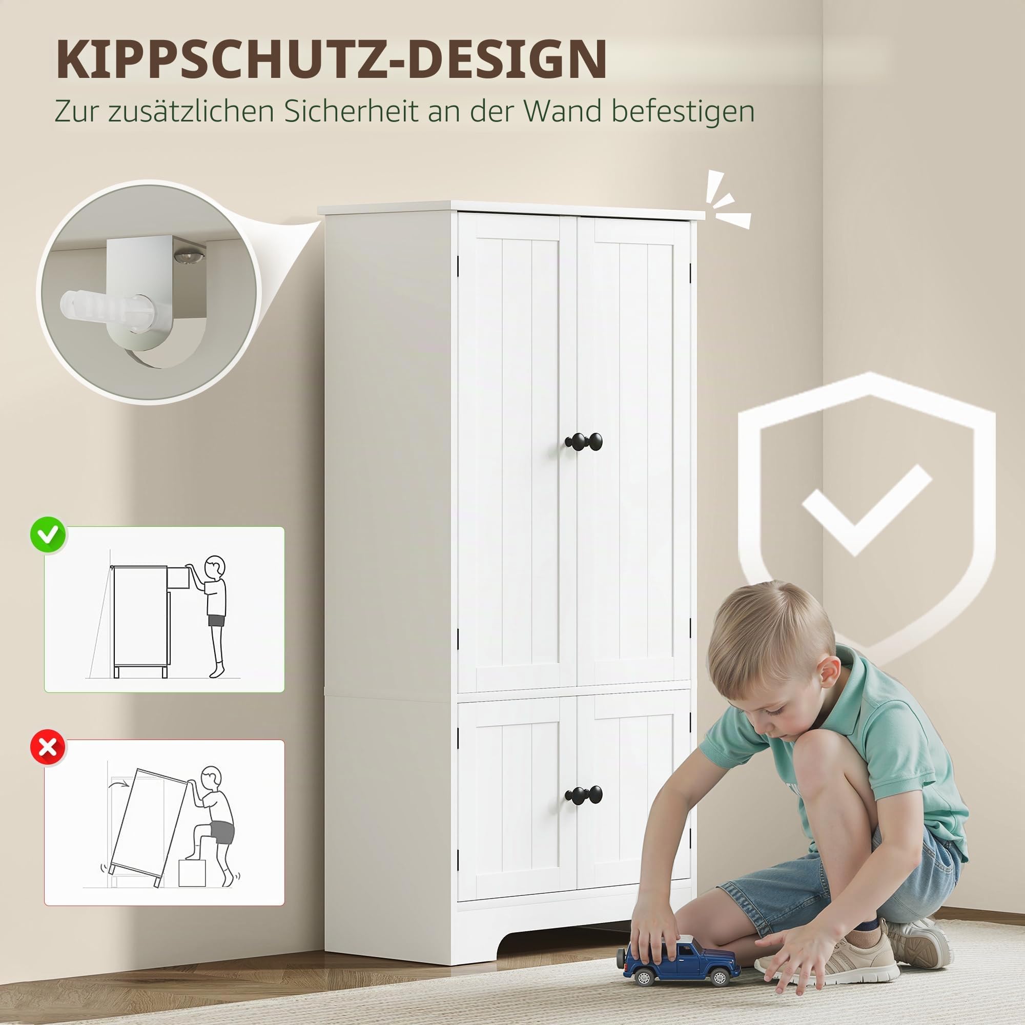 HOMCOM Küchenschrank mit verstellbaren Regalen 58.2x30x123cm Weiß | Küchenbuffet, Aufbewahrungsschrank mit Schränken, für Ess- & Wohnzimmer