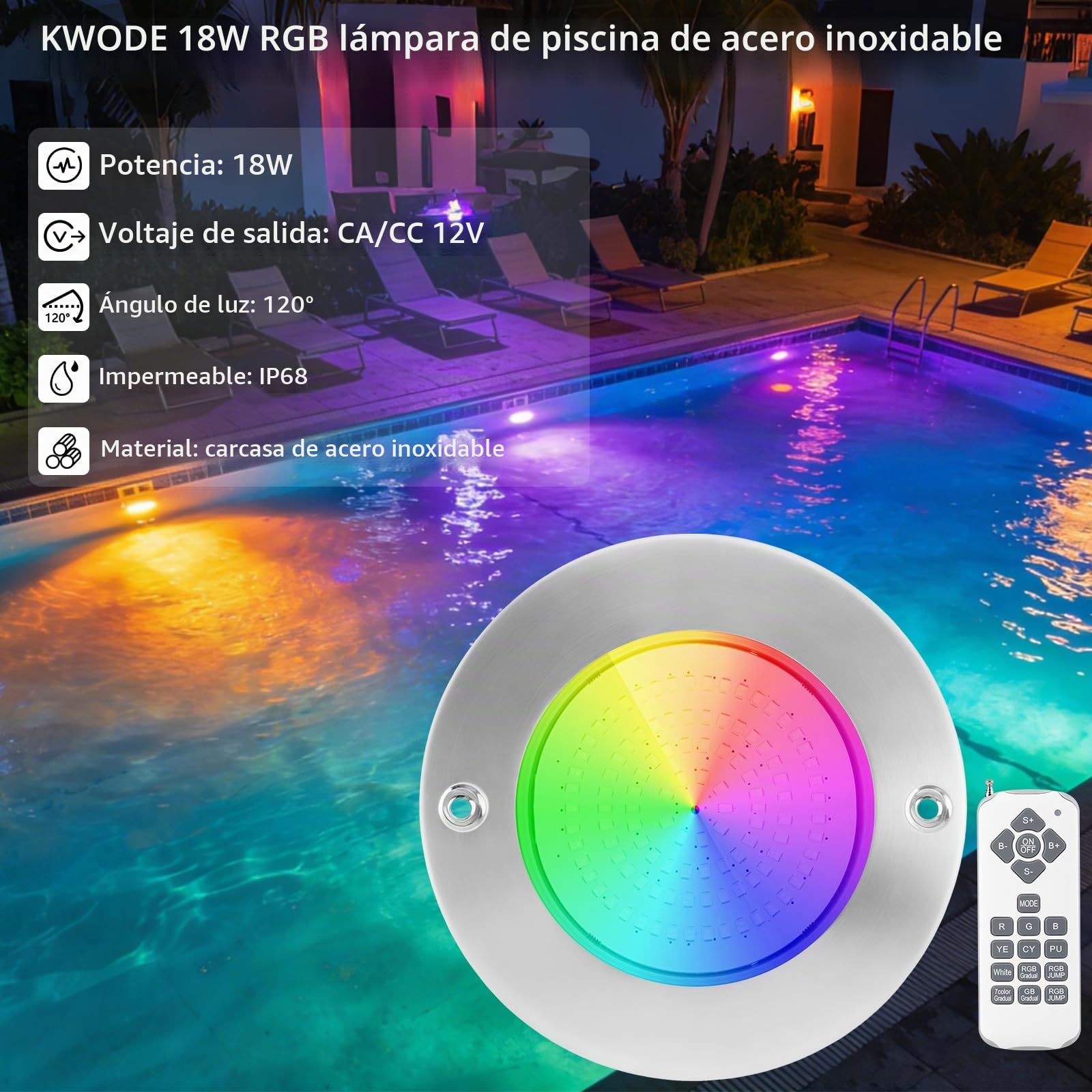 Iluminación LED para Piscina, 18W Foco Subacuático RGB de Acero Inoxidable, IP68 Sumergible, Montaje en Superficie, 12V AC/DC Lámpara de Piscina con Mando a Distancia, Para Piscina/Iluminación