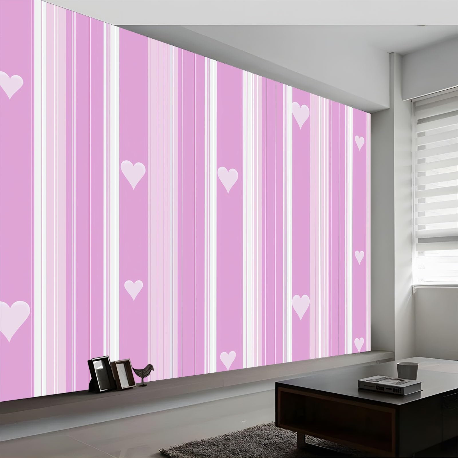 Panoramiczna tapeta 200 x 140 cm minimalistyczne geometryczne kształty w paski serca włóknina XXL fototapeta gobelin fototapeta salon sypialnia - tapeta Trompe l'eil efekt 3D, jasnoróżowy