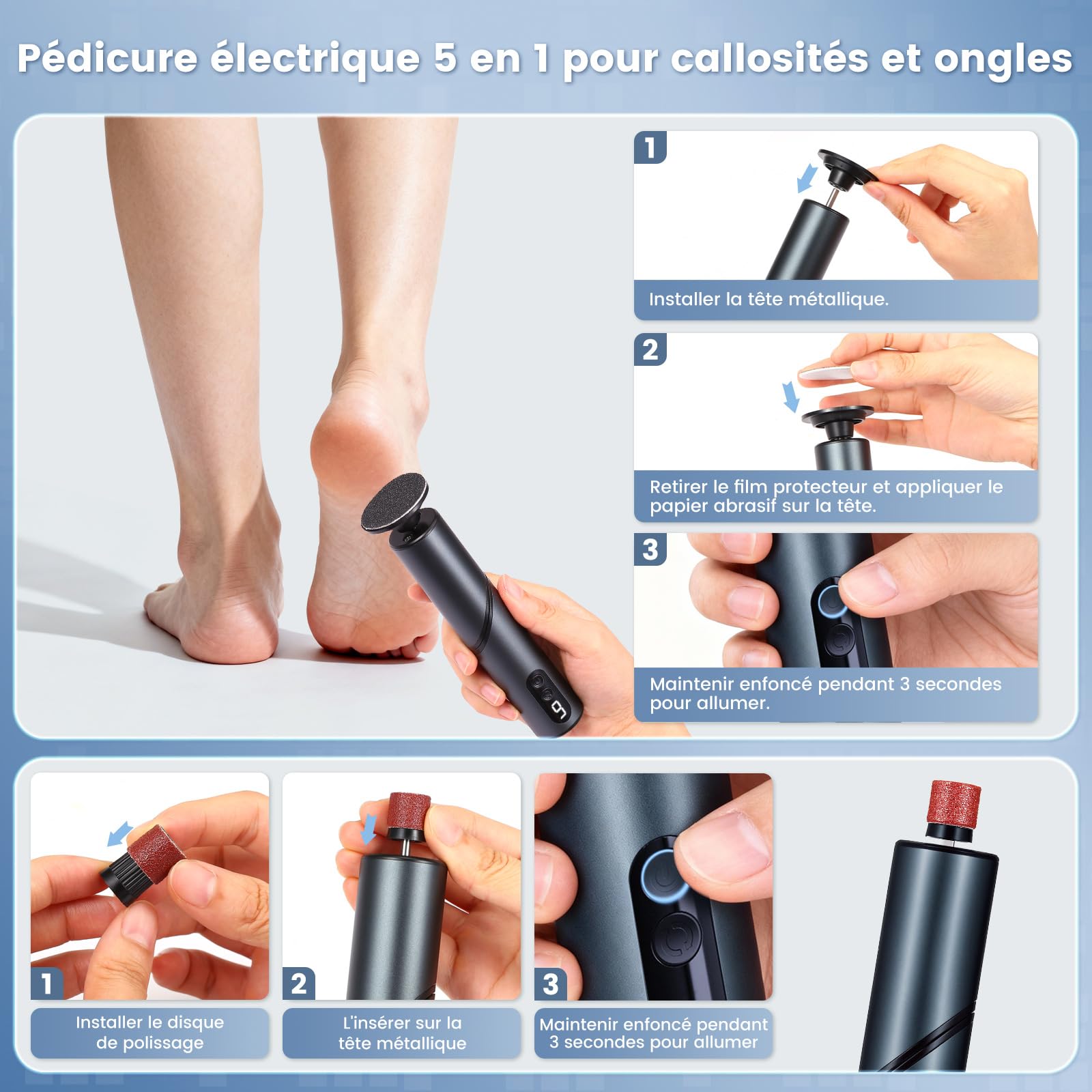 LIHAO Rape Pieds Électrique, 2 en 1Ponceuse Pieds Rechargeable 1800mAh avec Poignée Rabattable 90°, 9 Vitesses, Écran LED, Kit Pédicure 30 Accessoires pour Callosités et Peaux Mortes - Noir
