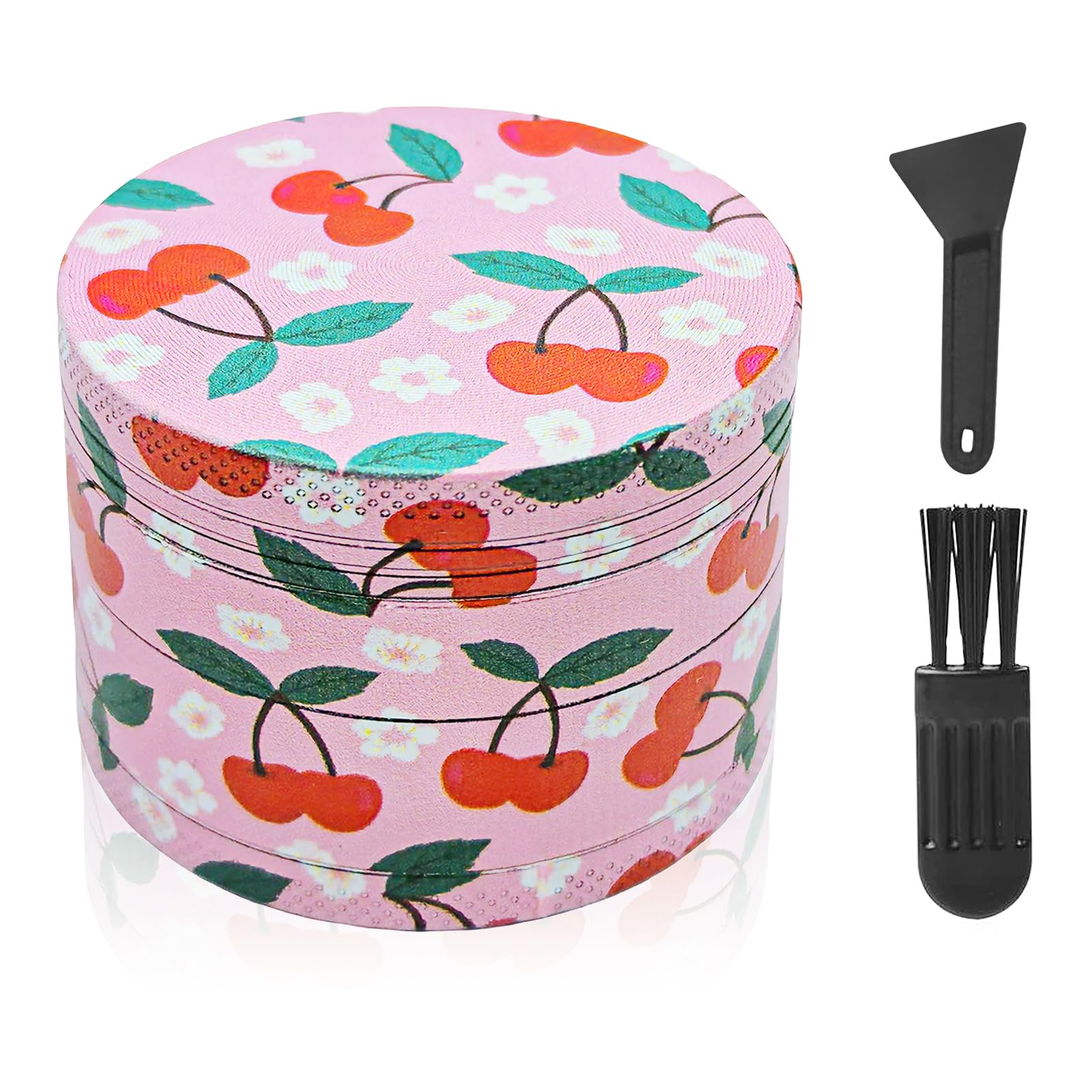 LHOEST Grinder 50MM Crusher 24 Grinding Teeth Metal Grinder Pink Cherry Design Cute Cool 4 Layers Grinders Metal Crusher for Spice Mill with Scraper Plastic Brush