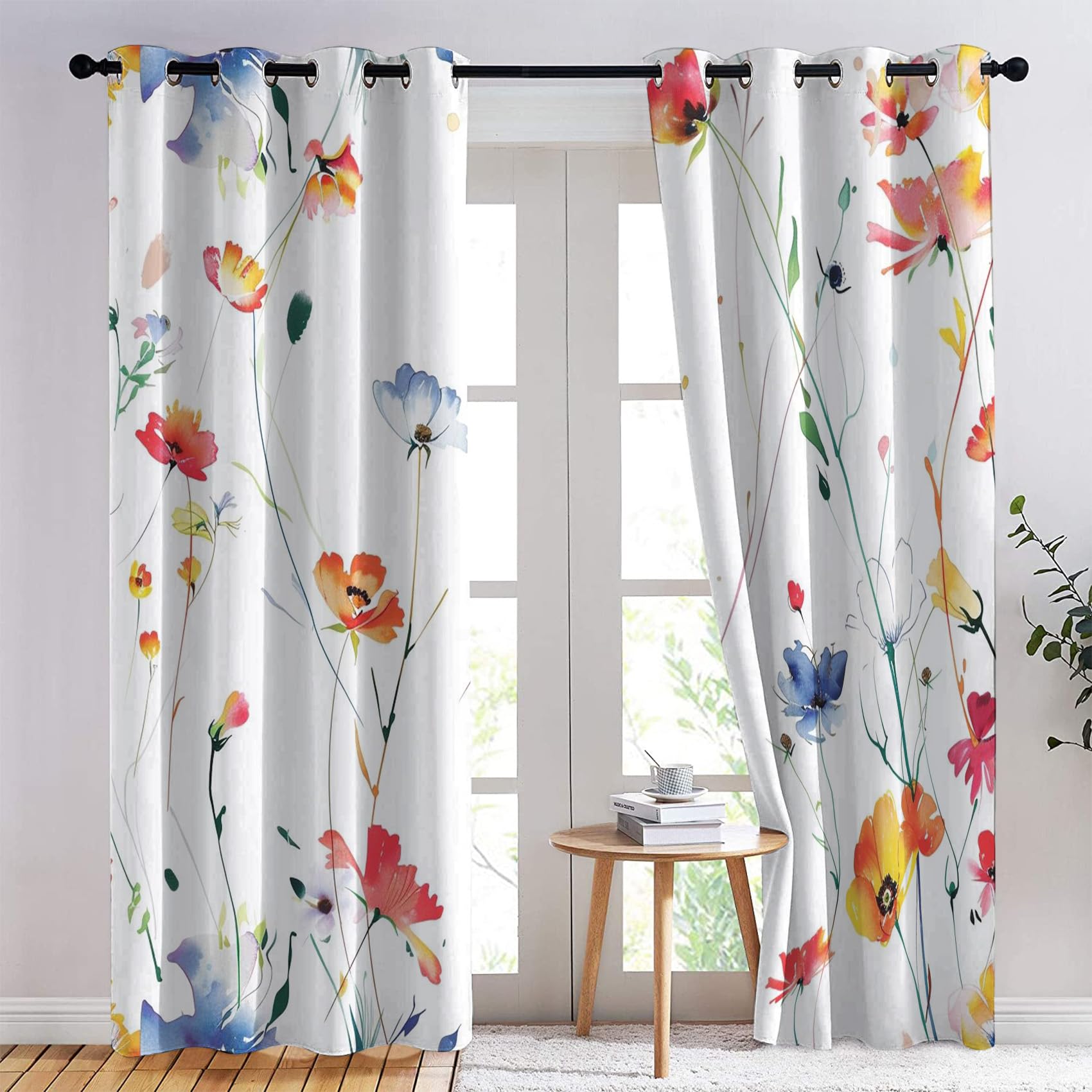 Rideau Occultant Aquarelle Fleur, Rideaux Thermiques à Oeillets pour Chambre, Motif Plante Floral Rideaux Salon, Moderne Lot de 2 Décoration de Fenêtre Rideaux 140x160cm LxH (Wx-&91)