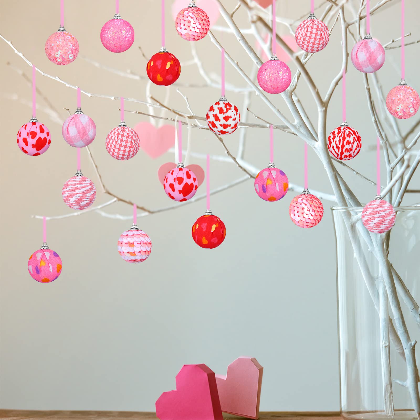 24 bolas de San Valentín adornos para árbol de 30 mm colgantes con purpurina rústica para decoración de fiesta de San Valentín (rosa, blanco, estilo romántico)