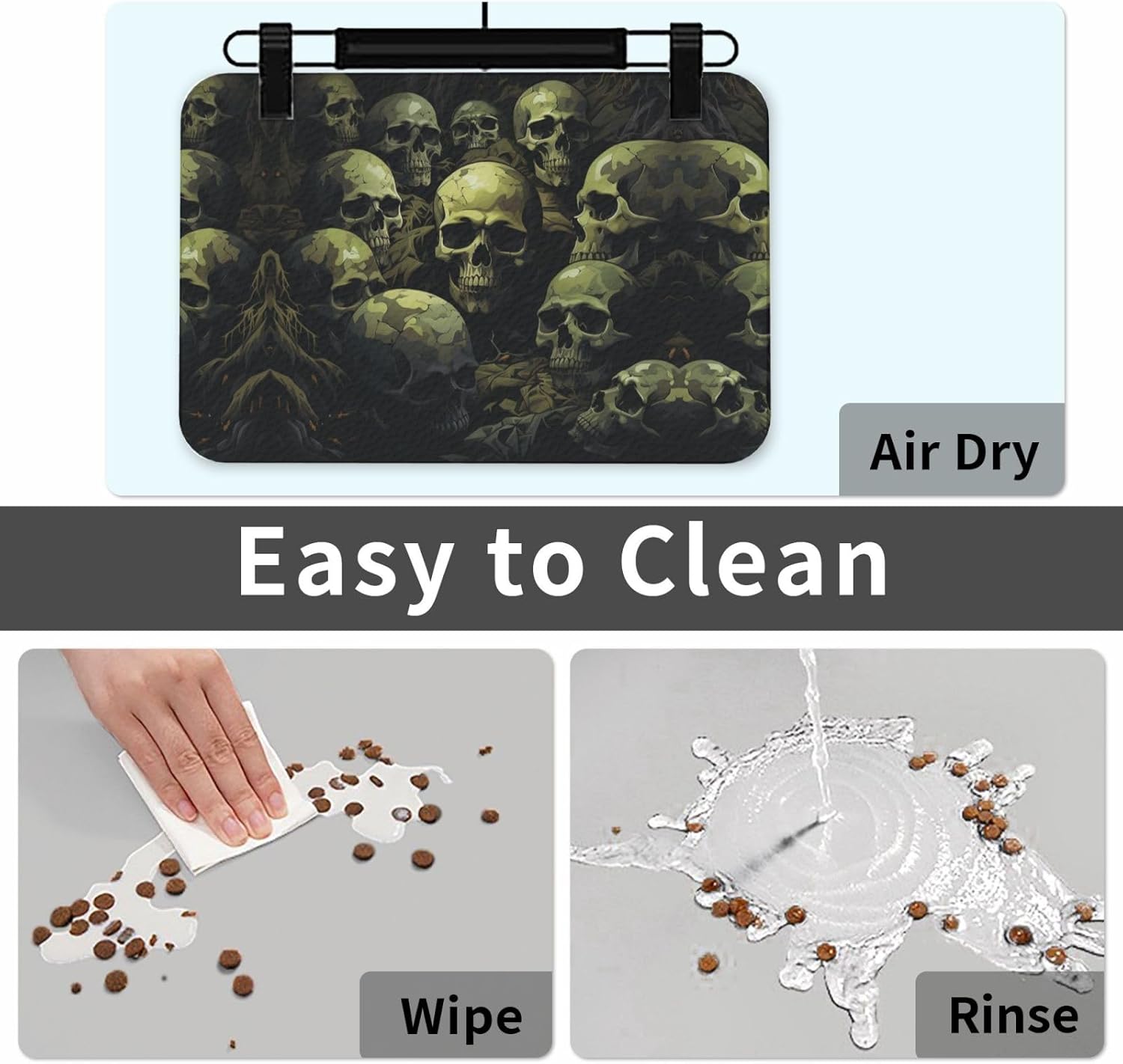 Dog Food Mat Pet Leather Tablecloth Skull Camouflage Pattern Pet Feeding Mat Anti-Slip Dog Bowl Mats Absorbent Pet Placemats for Dogs Protect Floor Dogs Mats for Food and Water