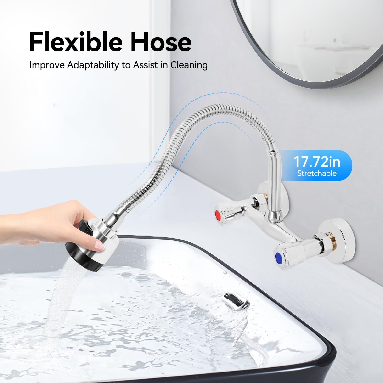 Grifo mezclador de pared cromado con caño de metal largo y flexible, dos modos de chorro de agua ajustables, distancia entre orificios ajustable, 13 – 17 cm, grifo de pared para fregadero de cocina