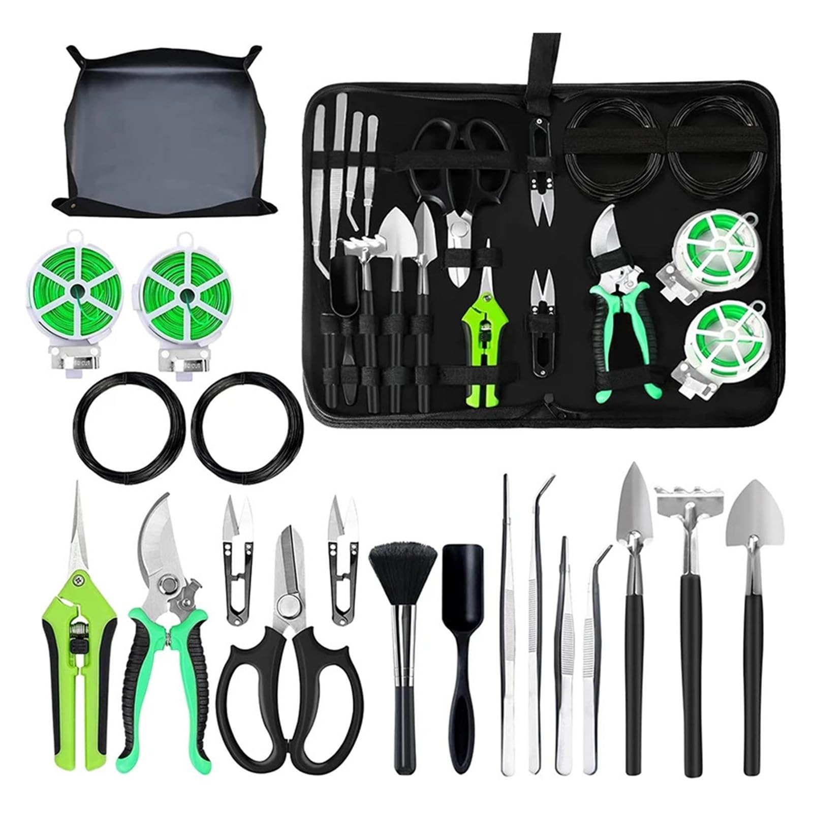 Bonsai-Baum-Set, 20-teilig, Gartenarbeit, Sukkulenten-Werkzeug-Set, Werkzeug, Pflanze, Umtopfen, Matte, Gartenschere for den Innenbereich(Green)