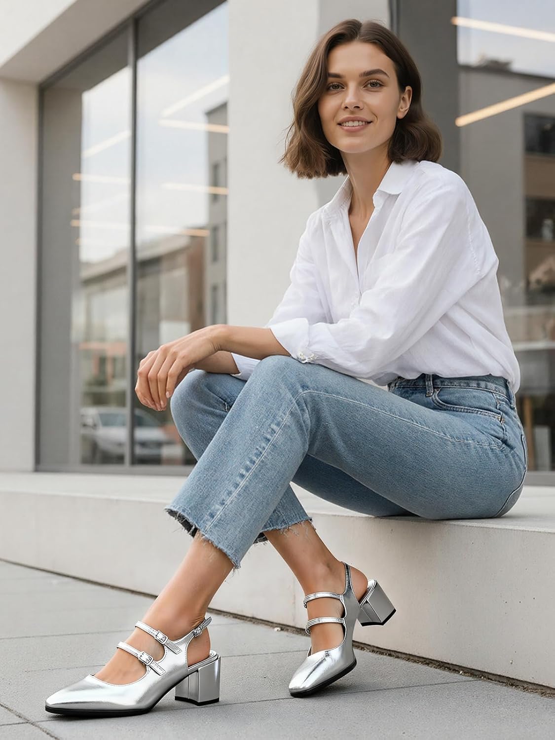 Mary Jane Shoes Slingback Chunky Heels for Women Closed Toe Double Strap Block Heel Pumps Retro Square Dress Shoes for Daily Party - Image 3