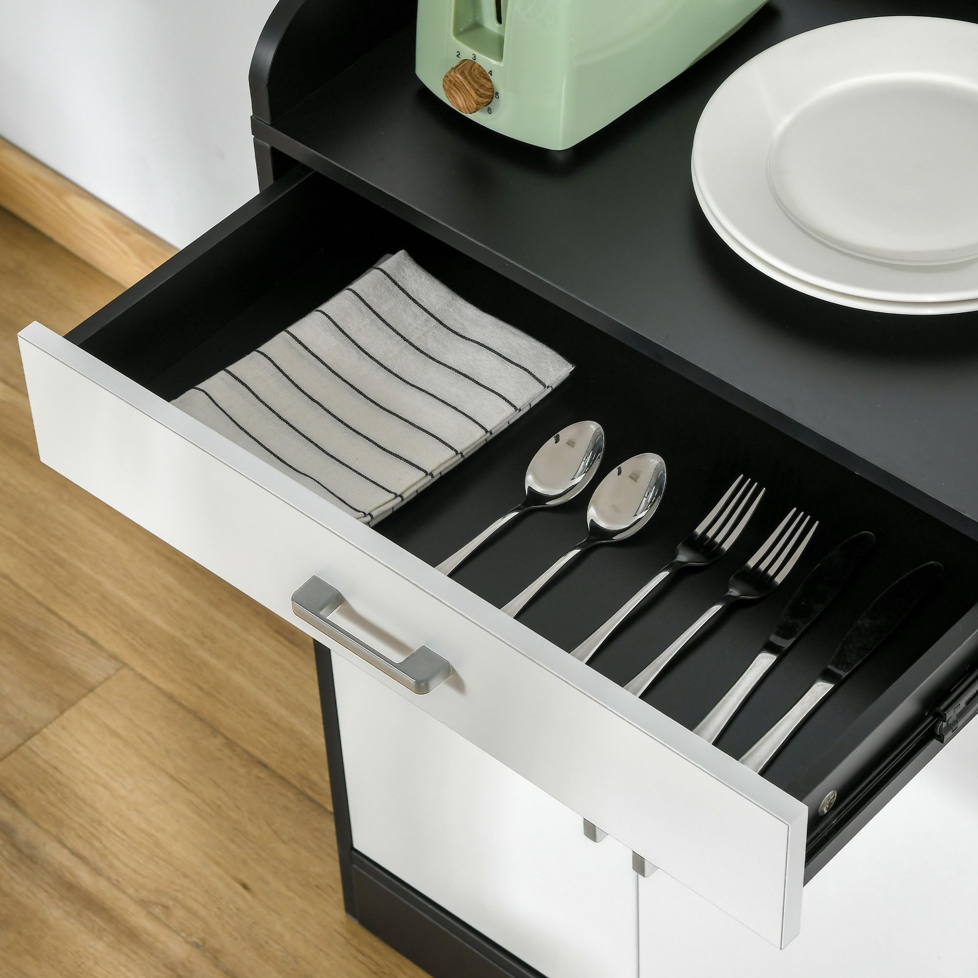 HOMCOM Mobiletto da Cucina Moderno in MDF con 2 Armadietti, 1 Cassetto e Ripiani Regolabili, 90x40x90 cm, Bianco e Nero