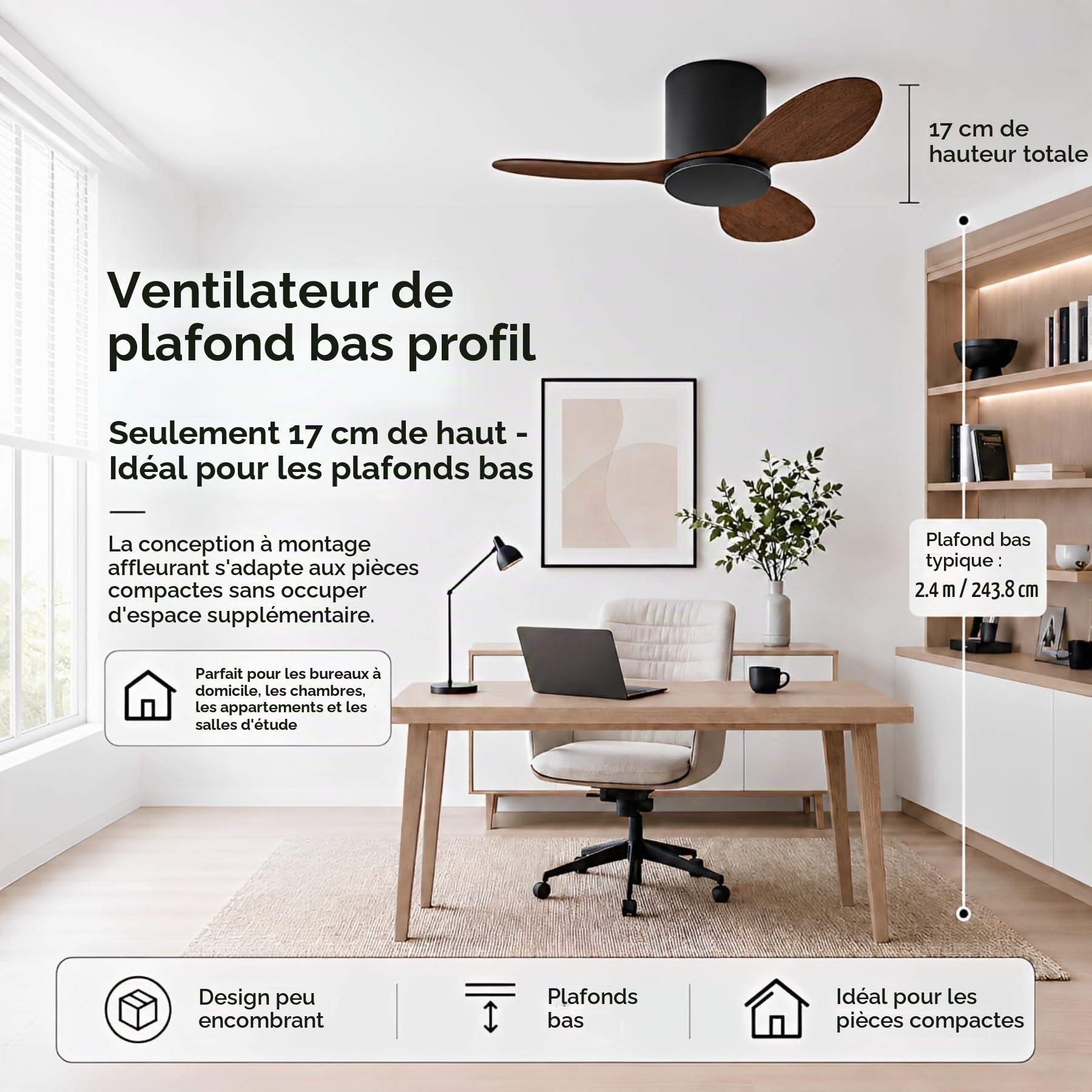 Ventilateur de plafond encastré sans lumière Petit ventilateur de plafond moderne avec télécommande Ventilateur de plafond à 6 vitesses sans lumière pour restaurant Chambre à coucher