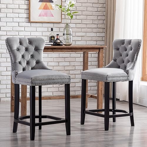 Miniatura 2 de LukeAlon Juego de 2 taburetes de bar modernos de terciopelo, taburetes tapizados con botones con patas de madera, sillas de bar de 26.8 pulgadas de