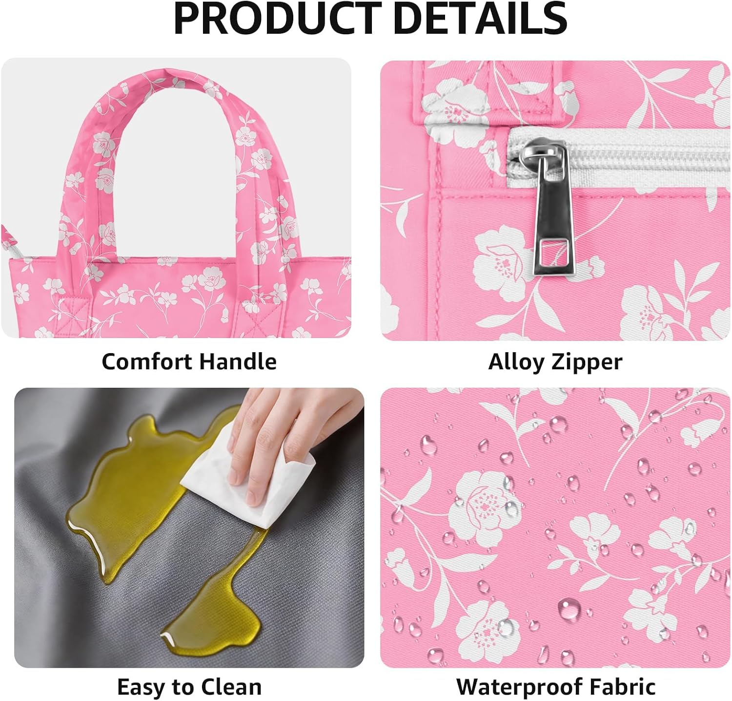 Tote Lunch Bag Women Stylish Quilted Lunch Boxes for Adult Fit and Fresh Cooler Insulated Lunchbox for Work Large 10 Liters Cute Compact Lunchbag Waterproof Pink Floral