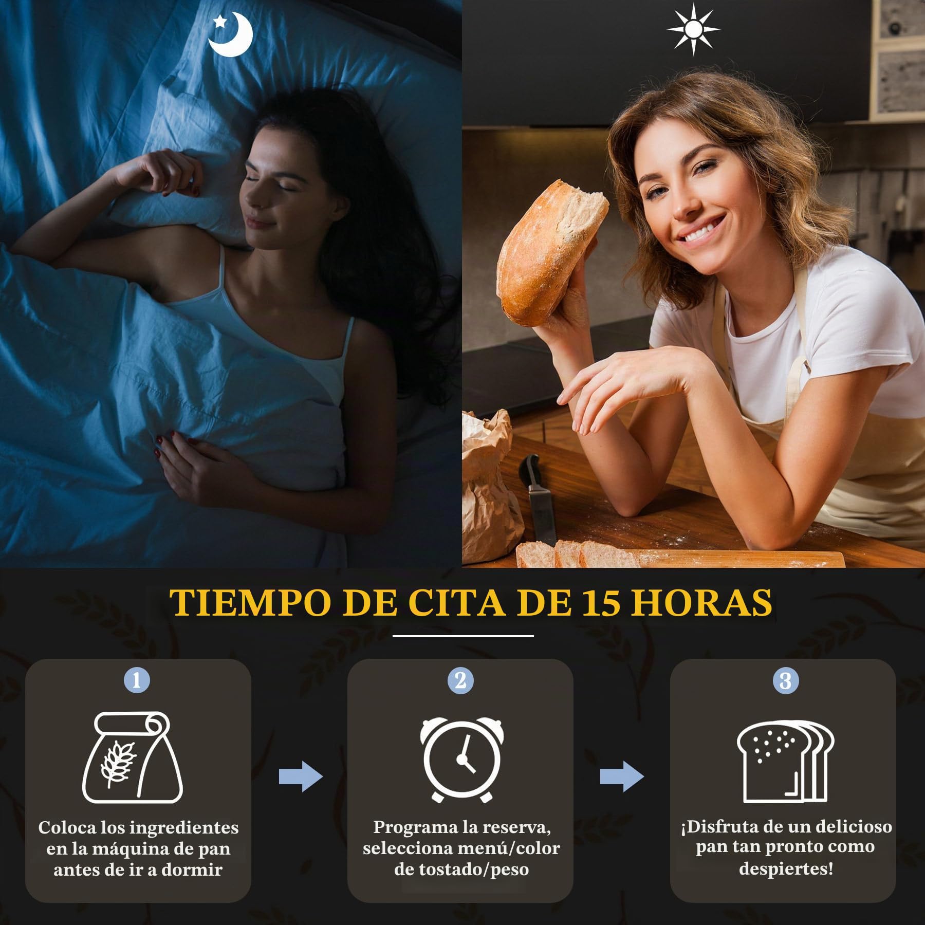 Máquina de Pan de Acero Inoxidable, panificadora 17 en 1 de 2 Libras con dispensador de Frutos Secos, sartén de cerámica Antiadherente y Panel táctil Digital, 3 tamaños de Pan