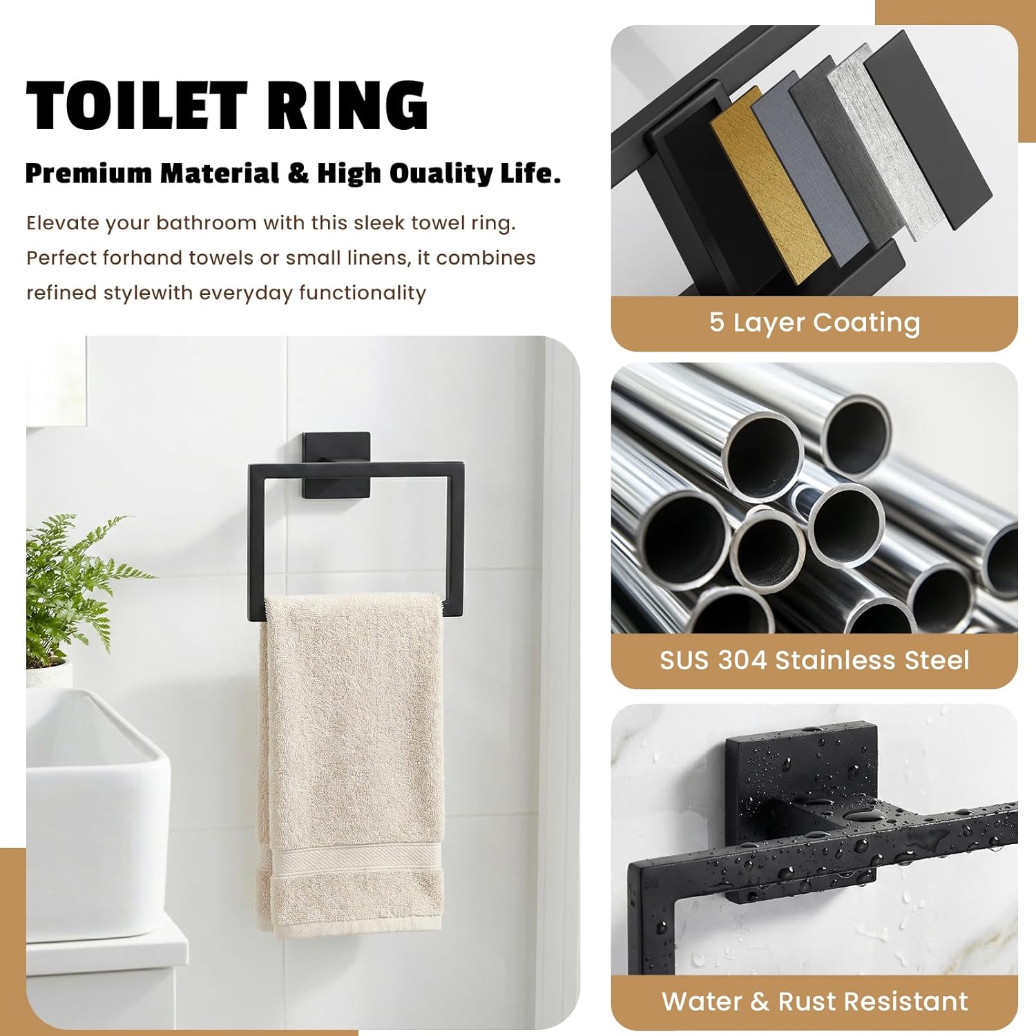 5-Pieces Matte Black Bathroom Accessories Set, 24 Inch Bath Towel Bar Set, SUS 304 Stainless Steel Bathroom Hardware Set, Towel Racks for Bathroom Wall Mounted
