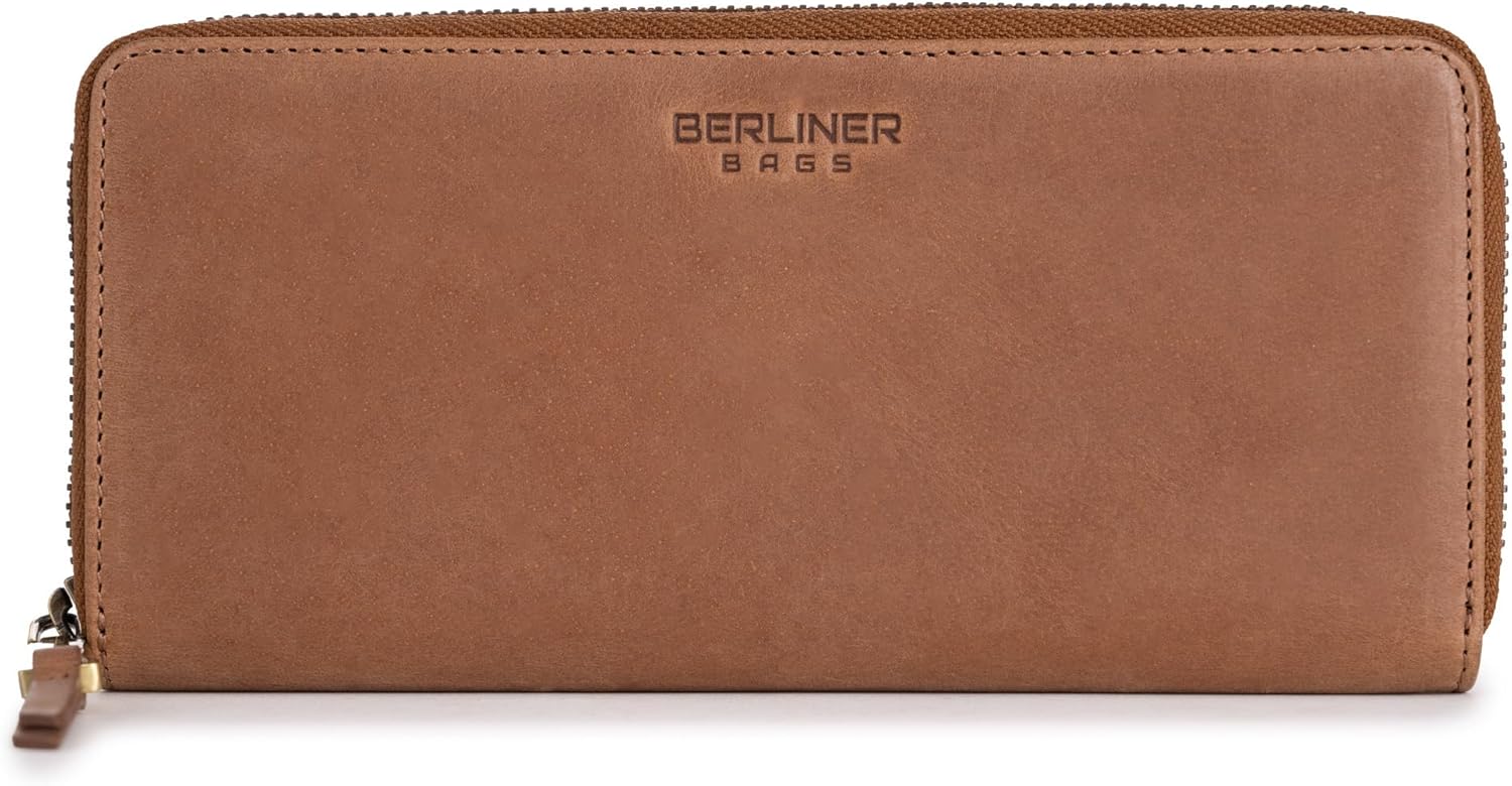 BERLINER BAGS Vintage Genuine Leather Wallet Palma, RFID Blocking Credit Card Holder, Slim Womens Wallet, Zip Around Wallet for 14 Cards, Bills, Coins, ID Window - Brown