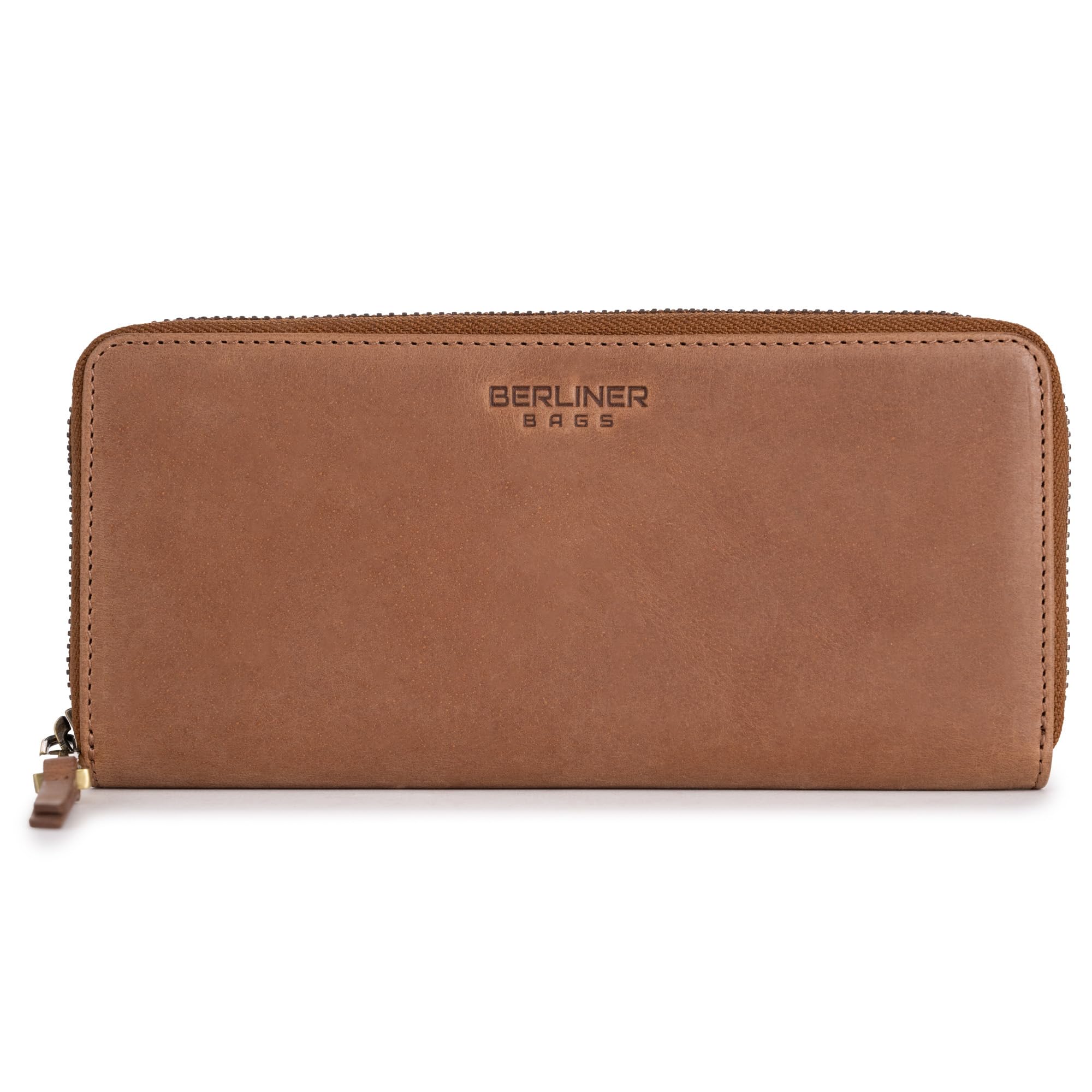 BERLINER BAGS Genuine Leather Zip Wallet Women Palma, Gift Box – Brown | Soft Leather Zip Around Wallet, 14 Card Slots, 1 ID Window, 2 Bill Compartments, Zippered Coin Pocket, RFID Blocking