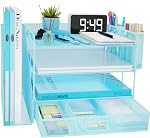 Organisateur de bureau avec support de fichier, 4-Tier Organisateur de bac à papier lettre avec tiroir & 2 Supports de stylo, Organisateurs de bureau et accessoires, Organiseur de fichiers de bureau Mesh et stockage pour les fournitures de bureau