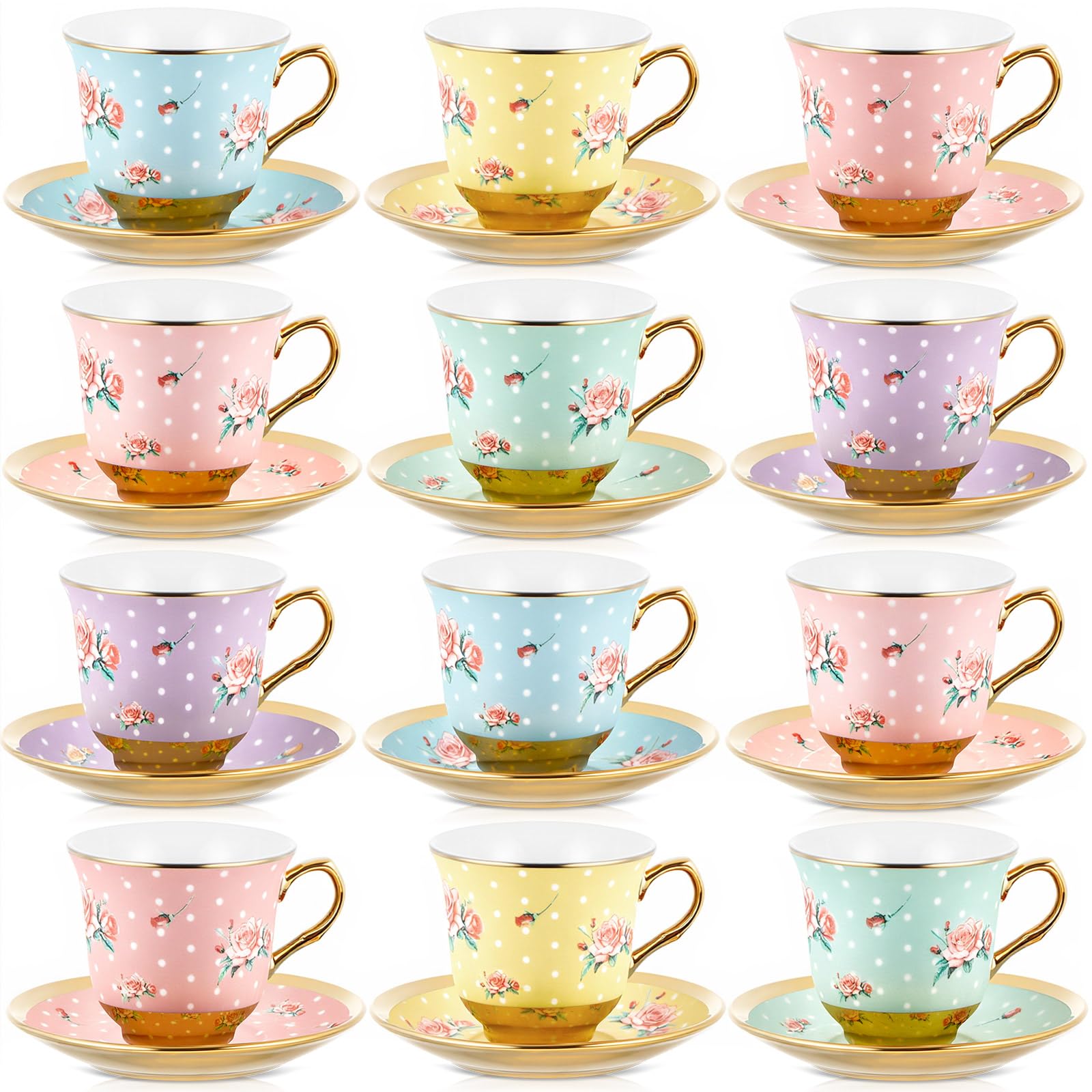 Photo 1 of Teenyyou Set of 12 Tea Cups and Saucers Tea Party Decorations Floral Porcelain 5.4 oz British Gift for Women Birthday Party, Church, and Mother's Day (Vintage Style)