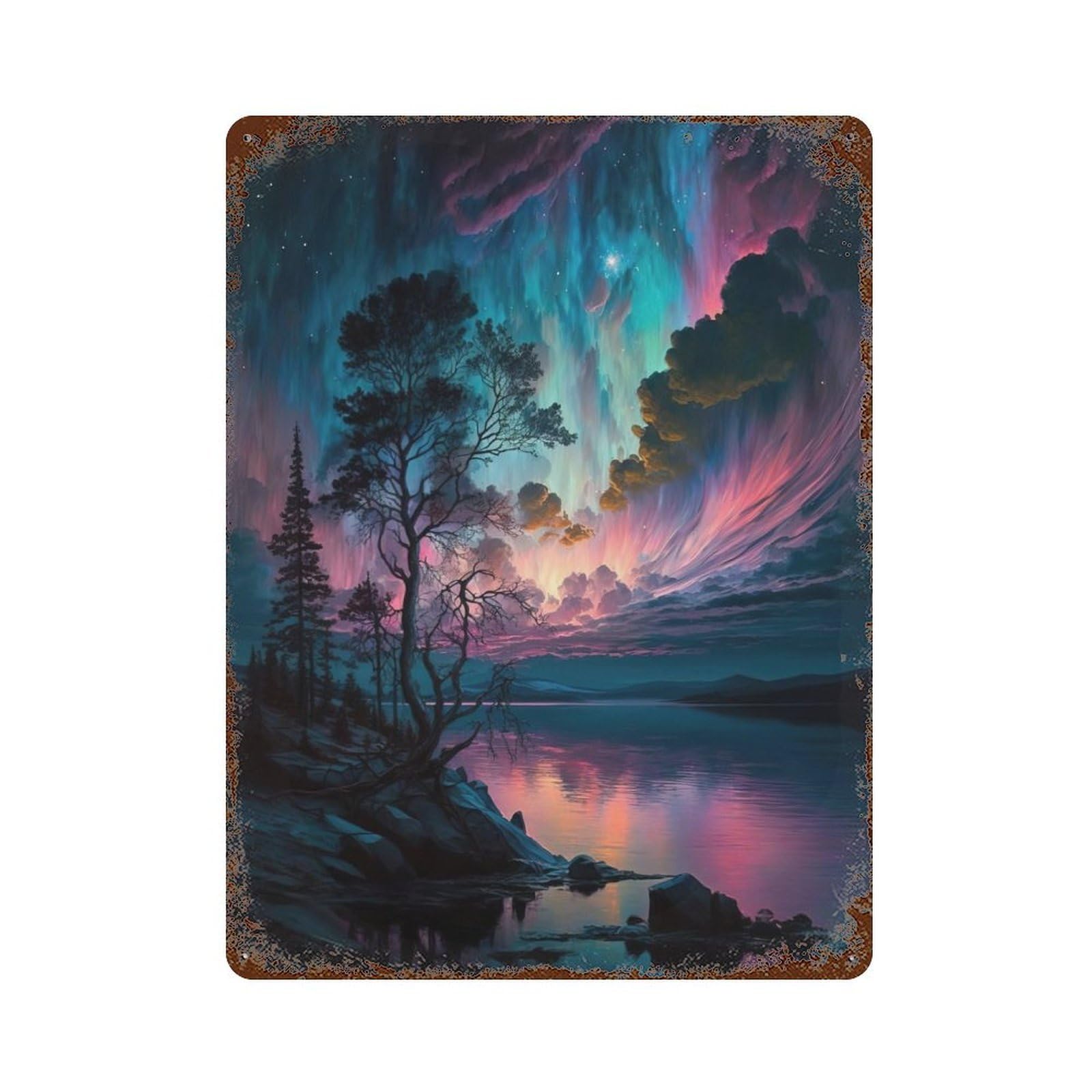 Aged Metal Wall Plaque with Purple Blue Sky Over Lake Design 15.7"x11.8", for Cafe, Home Bar And Lounge Decor, Novelty Wall Decor