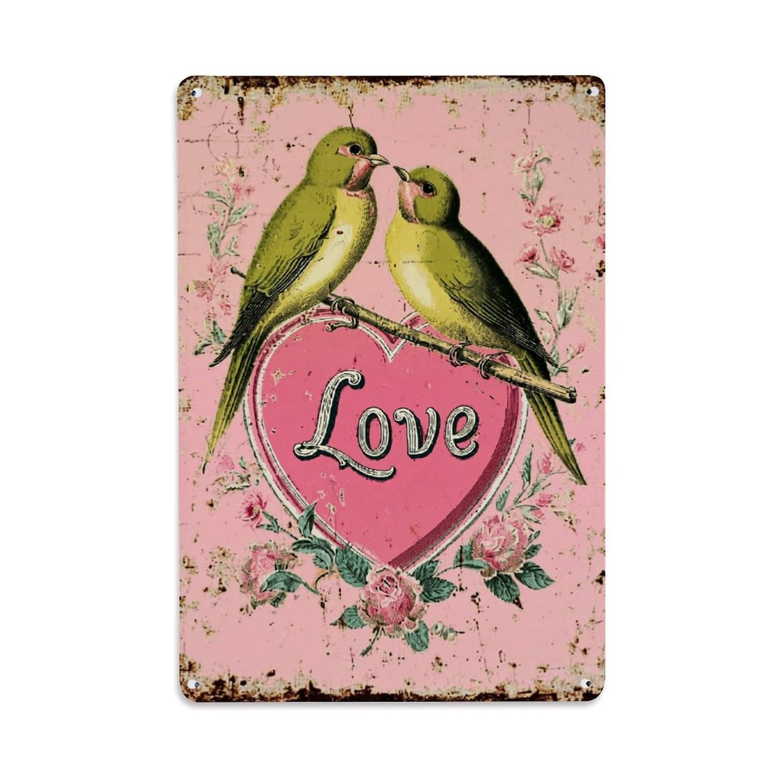 Love Birds Heart Floral Pink Retro Metal Tin Sign, Vintage Decor Art Poster for Bar, Home, Man Cave, Kitchen, Laundry Room Gift 8x12Inch