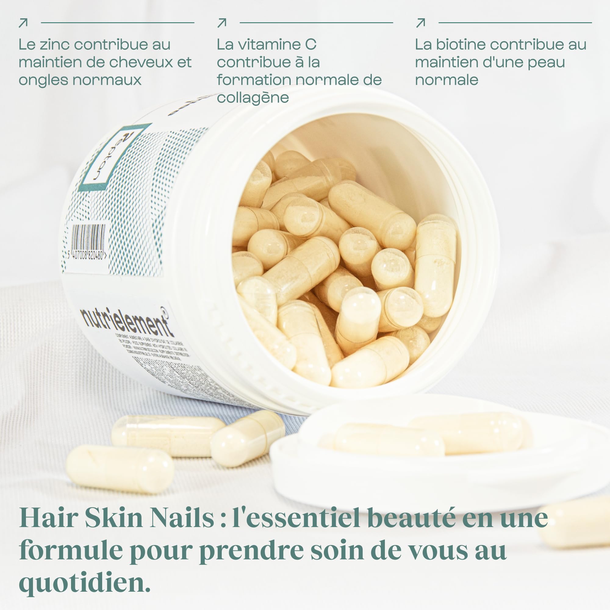 Nutrielement - Hair Skin Nails - 90 gélules - MSM, Kératine, Zinc, Vitamine C, Sélénium, Biotine - Complément alimentaire Pousse Cheveux, Peau, Ongles