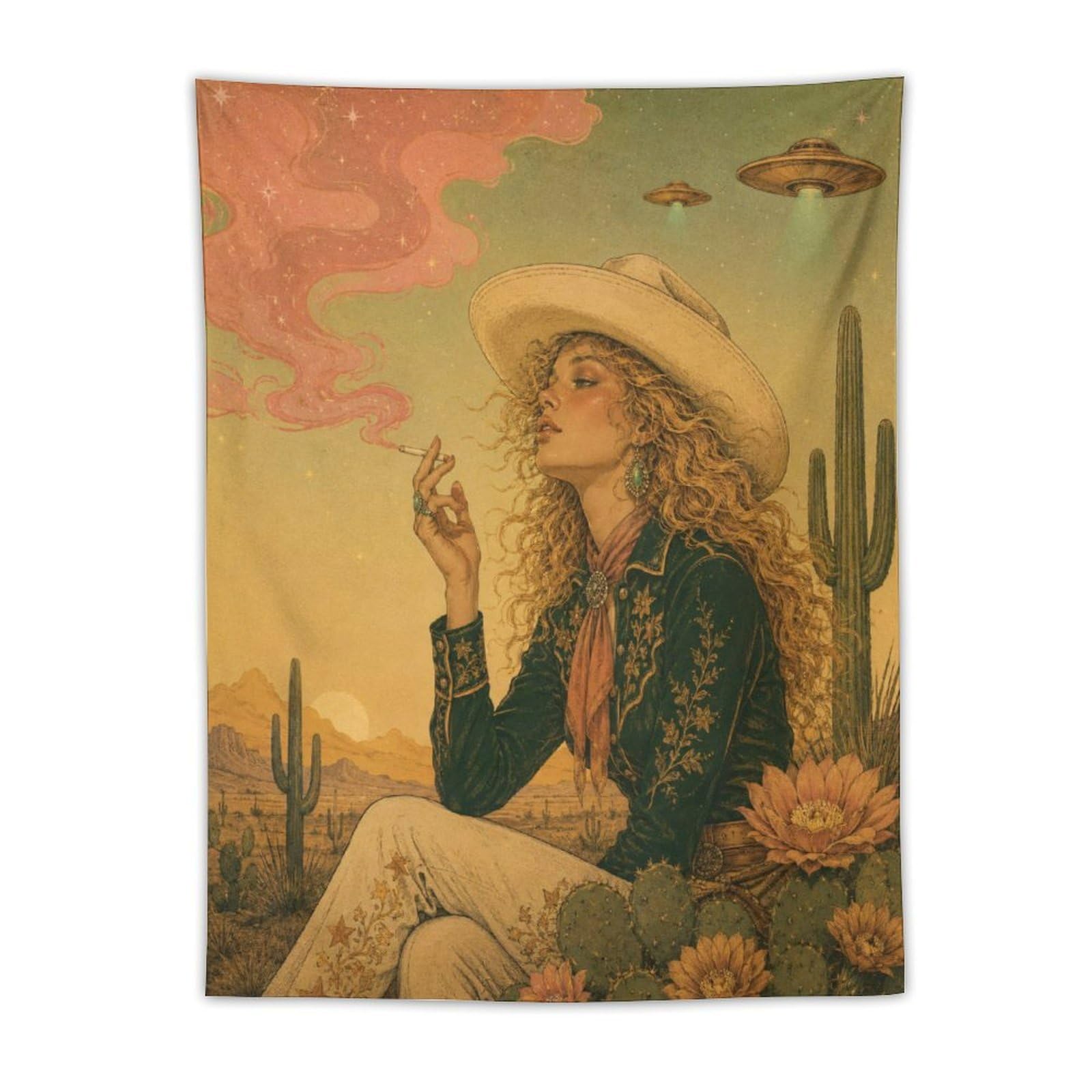 W7C8U2X3 UFO Cowgirl Desert Sunset Wall Tapestry, College Dorm