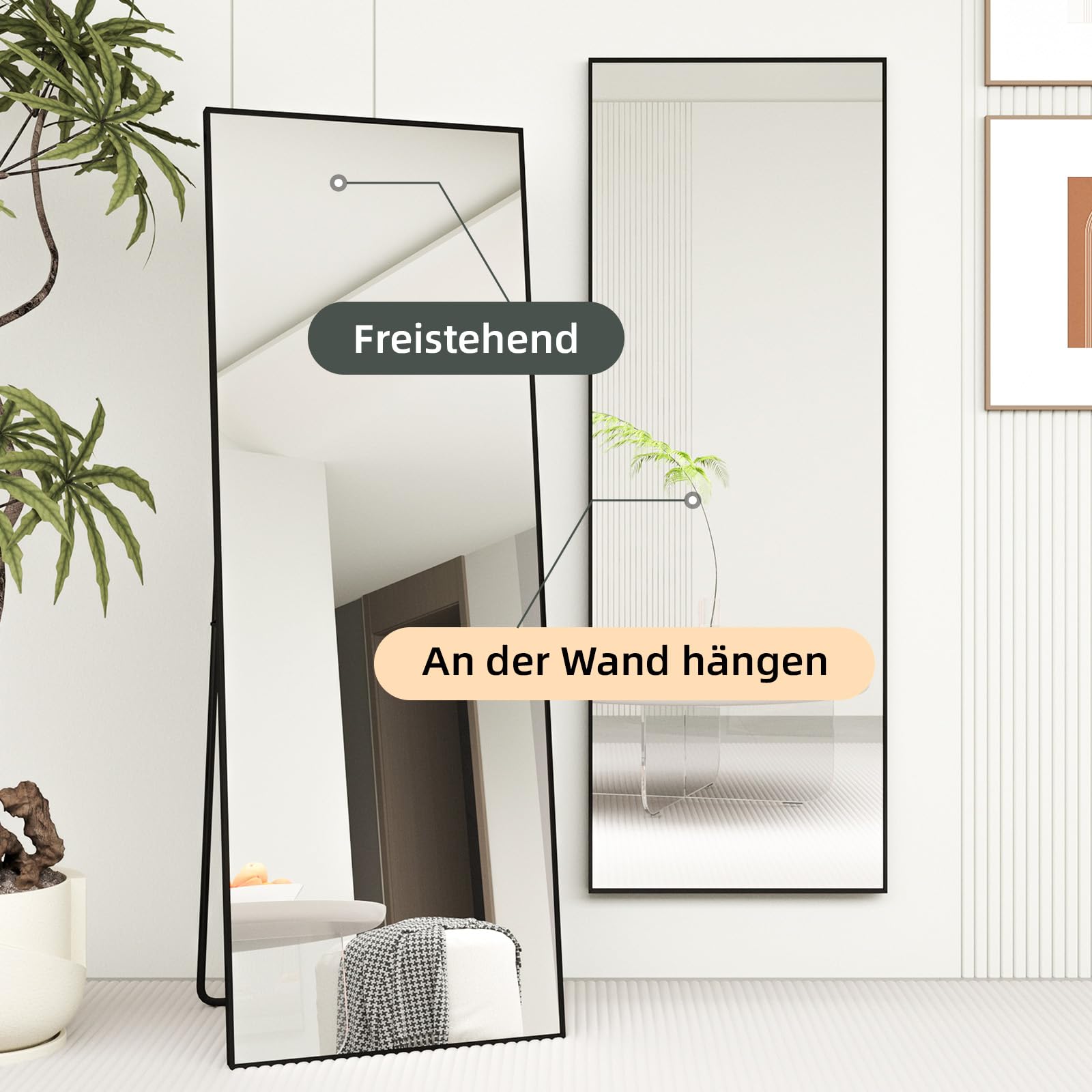 Miroir sur Pied 140x50cm Cadre Métal Noir Grand Miroir Mural HD Crochets Salon Chambre Dressing