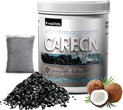 MagTool Aquarium Activated Carbon, Natural Coconut Shell Activated Charcoal for Freshwater, Planted, and Reef Tanks Removes Odors, Discoloration & Impurities1000ml with Fine Mesh Bag