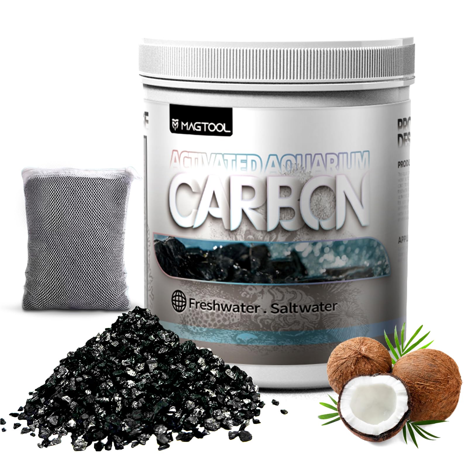 MagTool Aquarium Activated Carbon, Natural Coconut Shell Activated Charcoal for Freshwater, Planted, and Reef Tanks – Removes Odors, Discoloration &