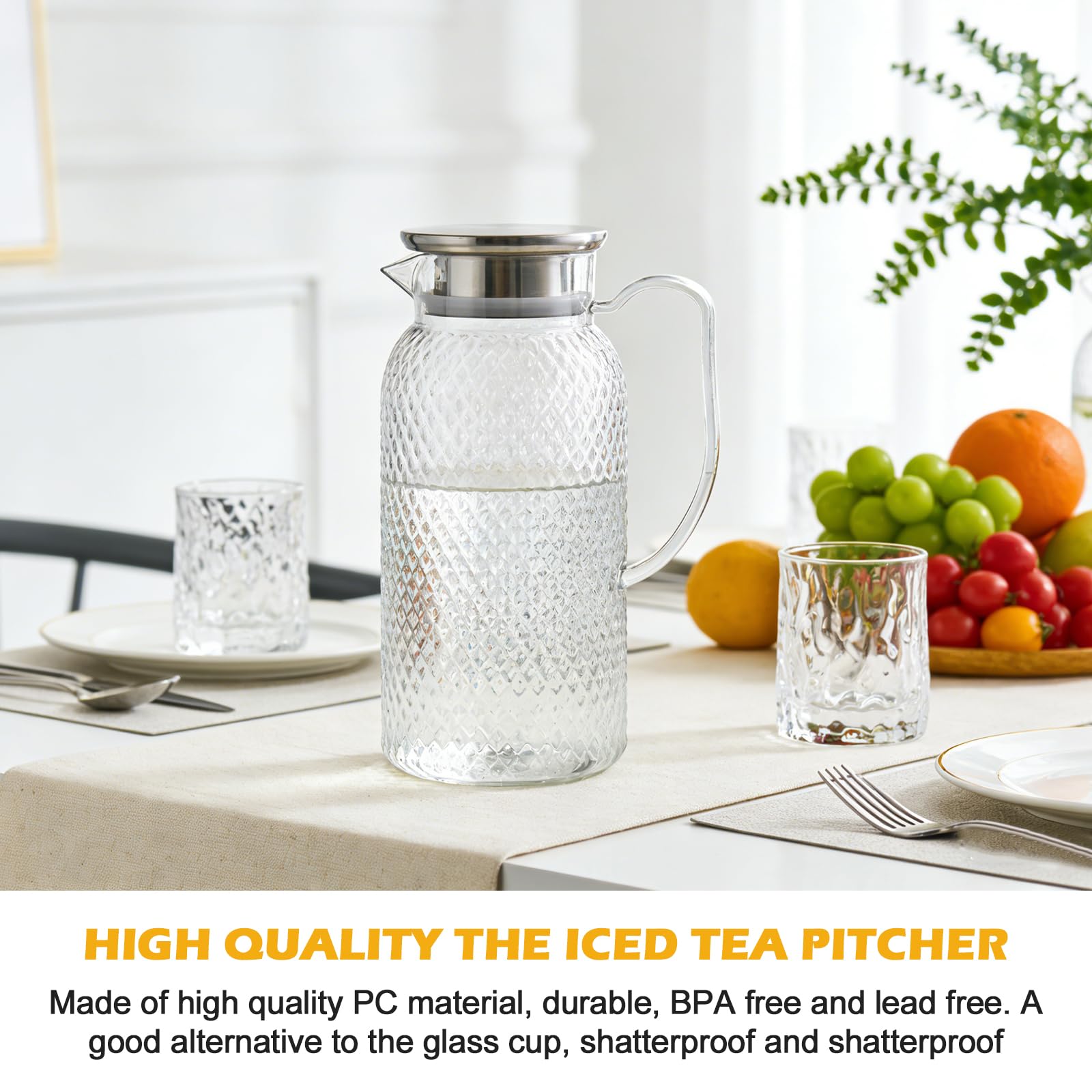 2 caraffa per acqua con coperchio, 1,8 l, con coperchio in PC, caraffa da 2 litri, resistente al calore e infrangibile, per acqua, succo e tè