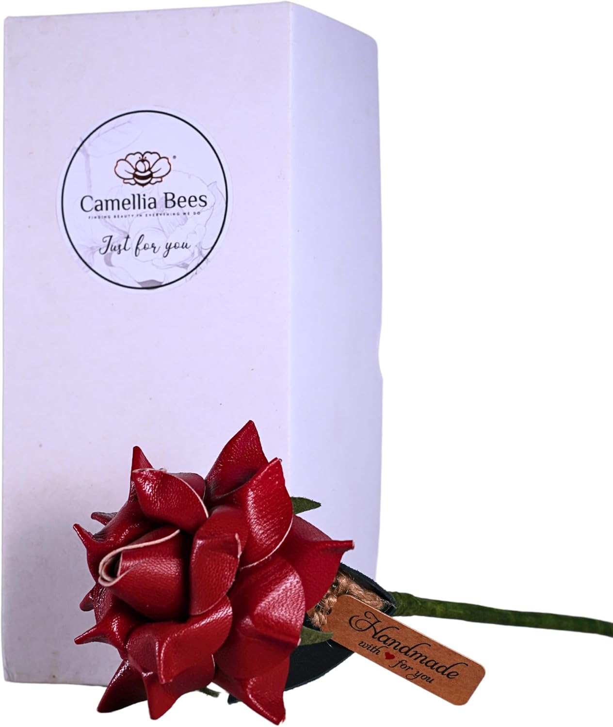 Camellia Bees 3th Leather Anniversary Flower for Wife, Husband, Couple, Handmade Rose Gift for her, Leather Gifts (Burgundy)