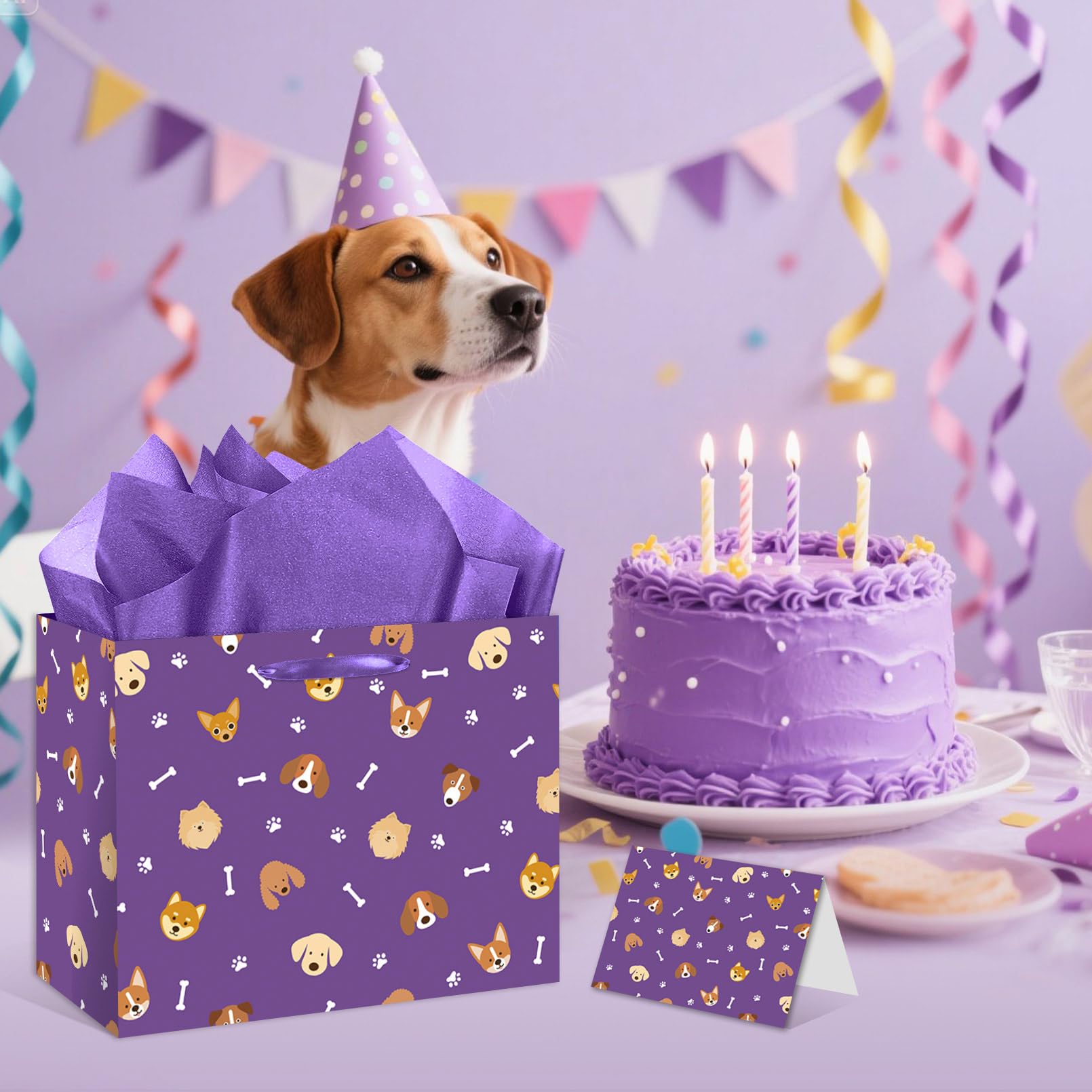 HSKMAKE Purple Dog Gift Bag Large Dog Paw Print Gift Bag with Card and Tissue Papers for Men, Women, Boys, Girls, Kids, Puppy Themed Baby Shower Birthday Party Favor Supplies