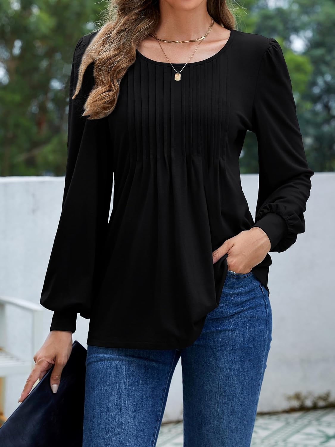 Long Sleeve Shirts For Women Fall Fashion 2025 Womens Tunic Tops Pleated Crew Neck Puff Sleeve Blouses Dressy Casual - Image 5
