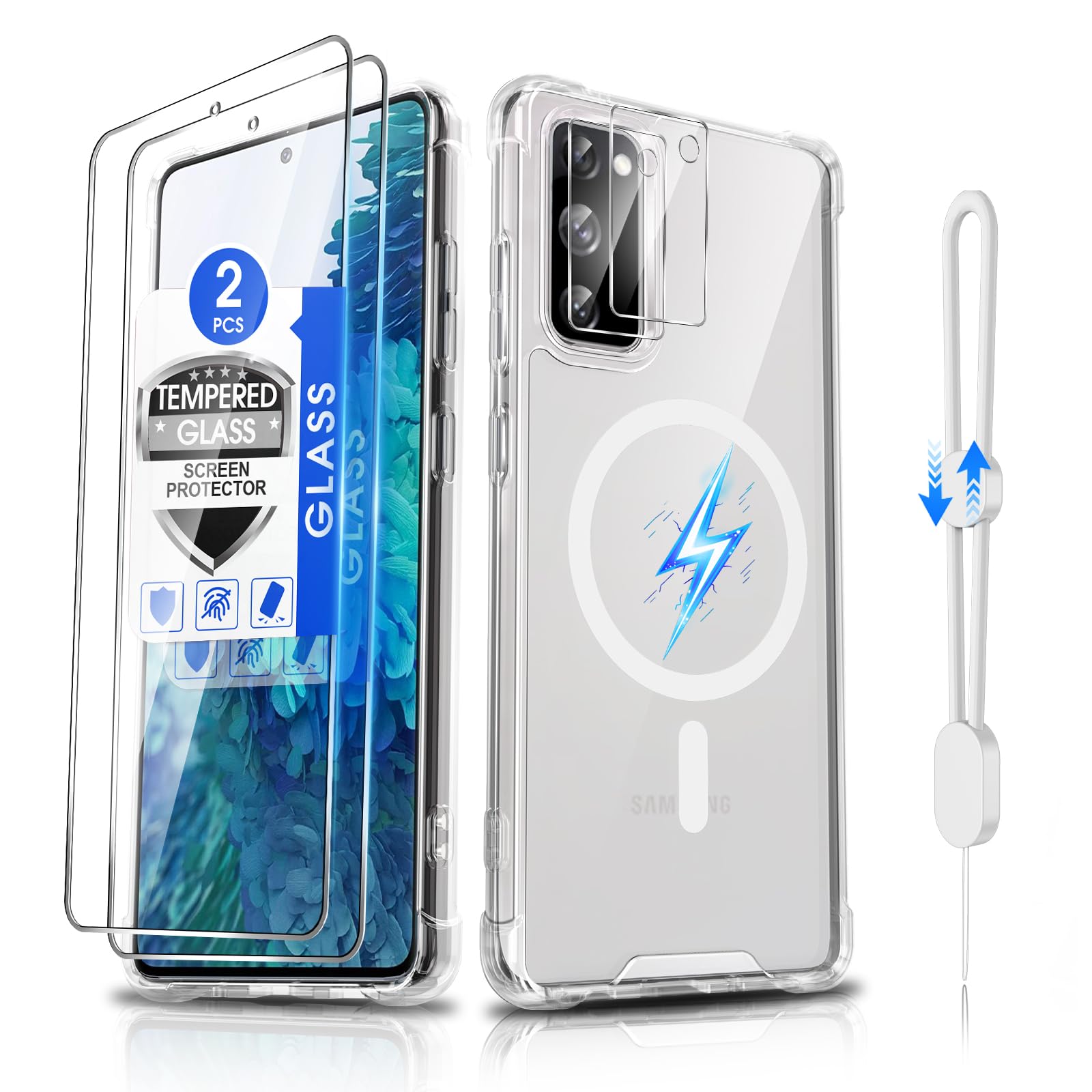 Dizn for Samsung Galaxy S20 FE Phone Crystal Case: 2 Tempered Glass &amp; 2 Camera Lens Protector,[Antil-Yellow], Reinforcde Comers, Compatible with Magsafe,with Strap,Shockproof Magnetic Case S20FE,Clear