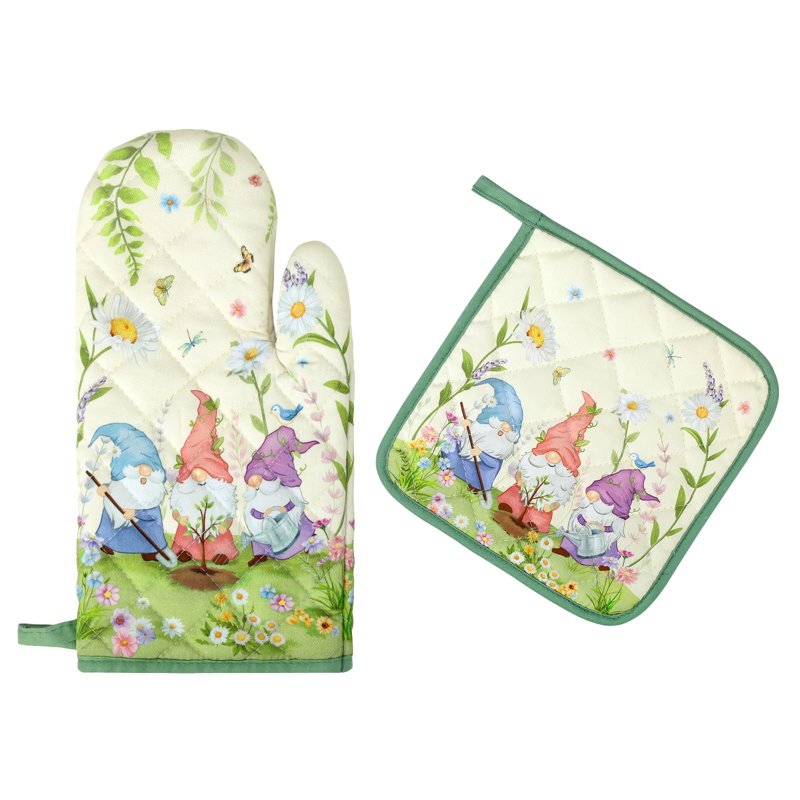 Arquiel Floral Gnome Oven Mitts and Pot Holders -100% Cotton, Heat Resistant Extra Long Oven Gloves & Hot Pads for Cooking BBQ Grilling Baking Gift, Set of 2