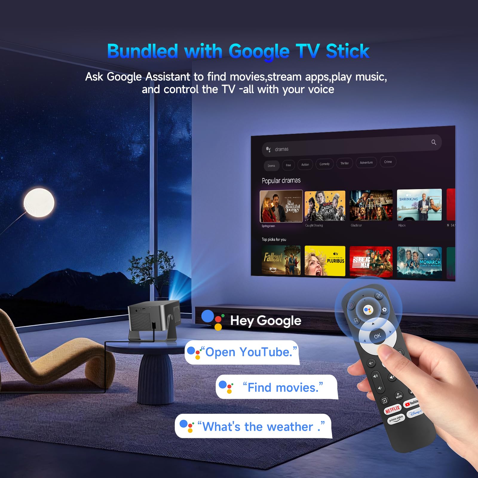 【Google TV/Official Apps/Voice Assistant】 Magcubic Proyector 4K，Proyector Portatil Full HD 1080P, 650 ANSI, Enfoque Automático, Altavoz 15W Dolby Audio, WiFi 5 para Exterior/Cine en Casa