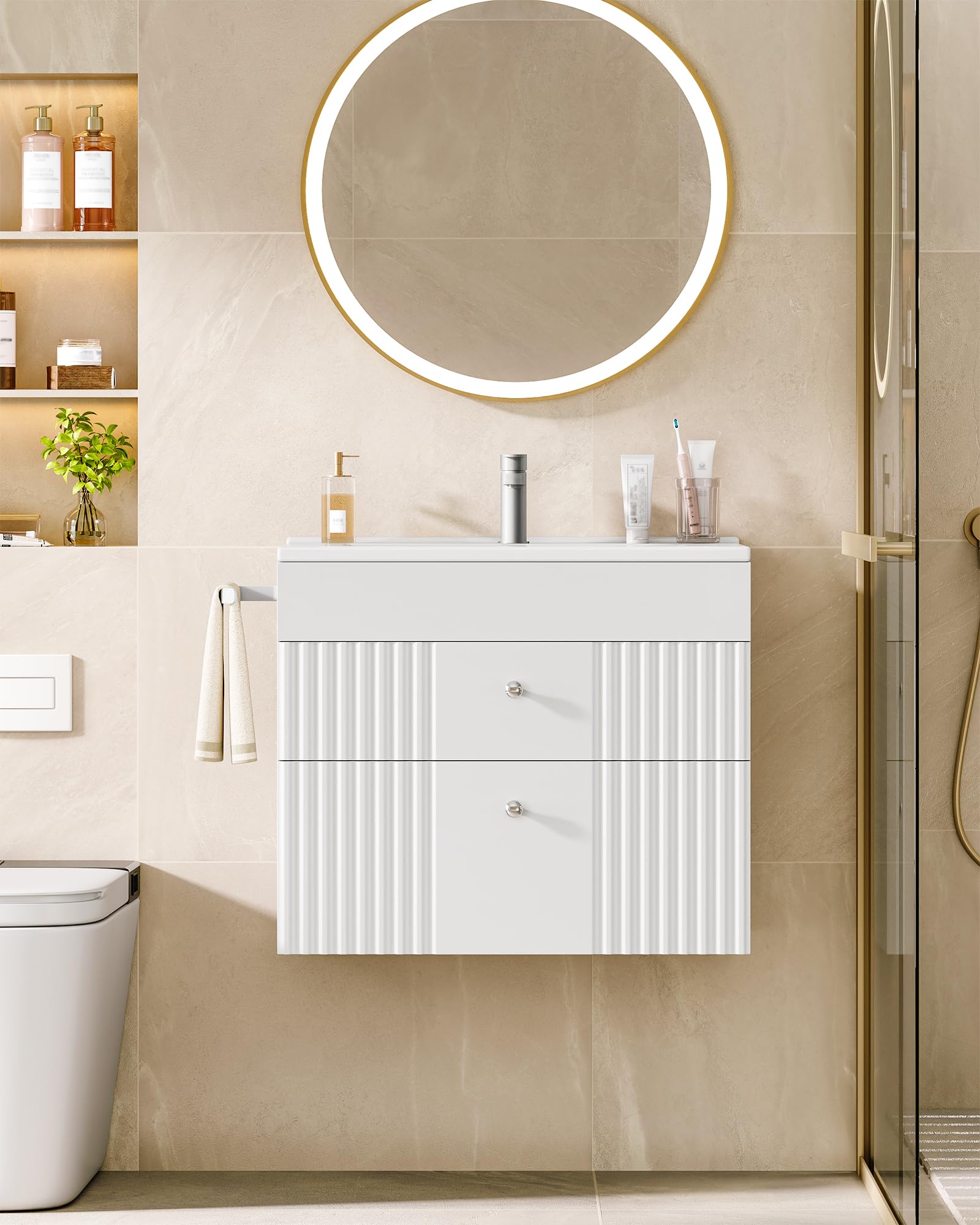 Hzuaneri Mobiletto da Bagno Sospeso a Parete, con Lavabo Integrato in Ceramica, 2 Cassetti, Portasciugamani, Mobile Bagno, Archiviazione ad Alta Capacità, 40 x 60 x 50 cm, Moderno, Bianco BC64103X