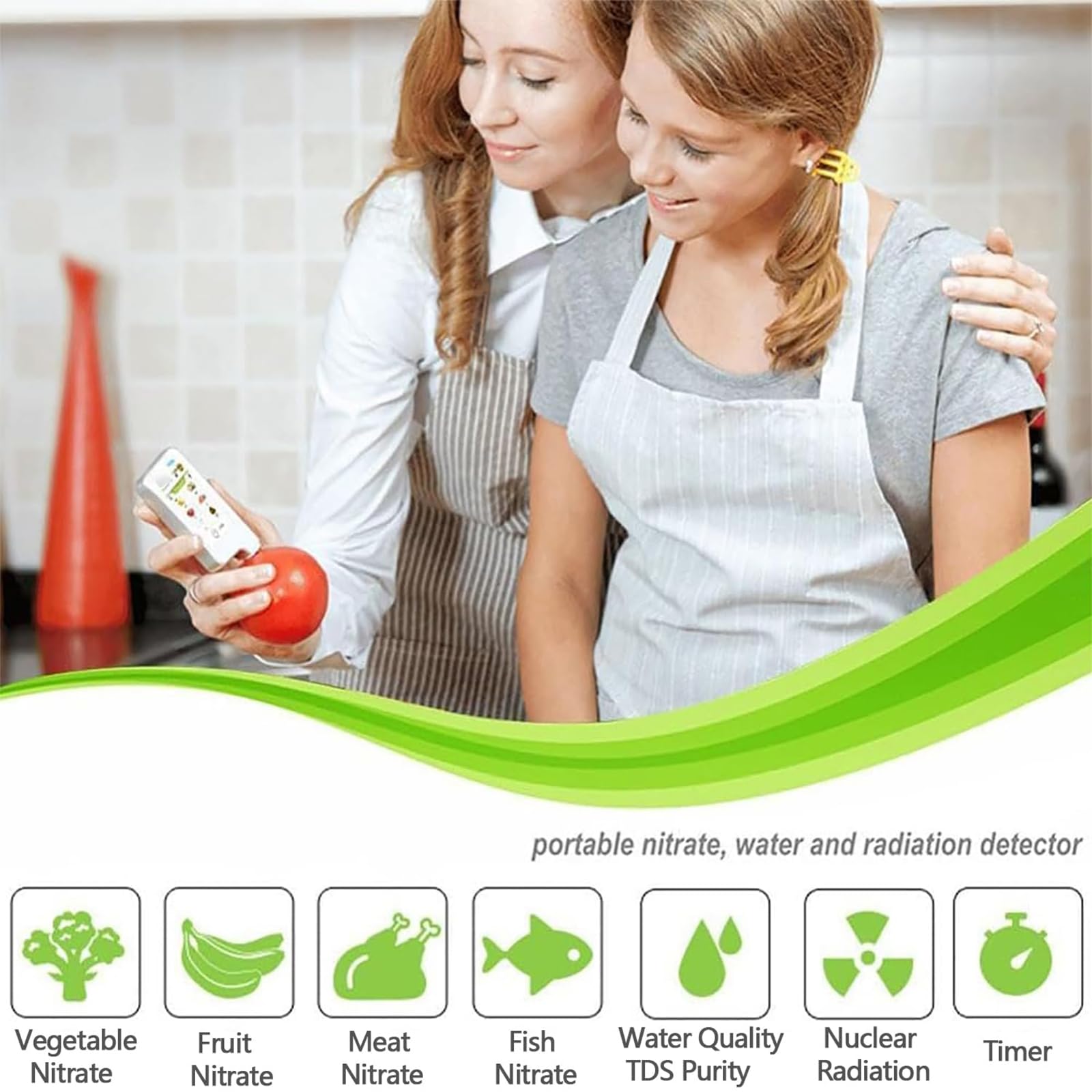 Tester portatile per nitrati alimentari, rilevatore di residui di pesticidi con timer, display a 3 colori e misuratore di radiazioni per frutta, verdura, carne, pesce e acqua